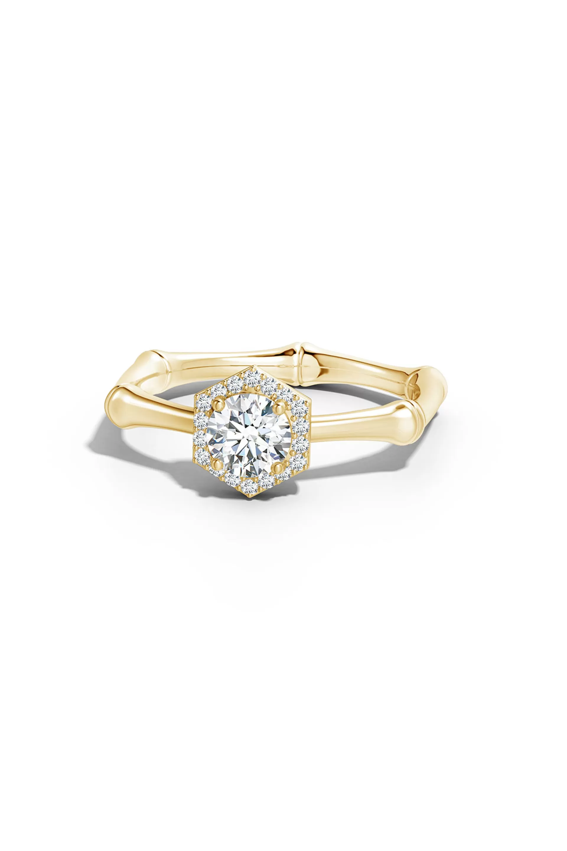 Natori Rings | Indochine<Indochine 14k Hexagon Diamond Pave Halo Bamboo Ring 14K Yellow Gold