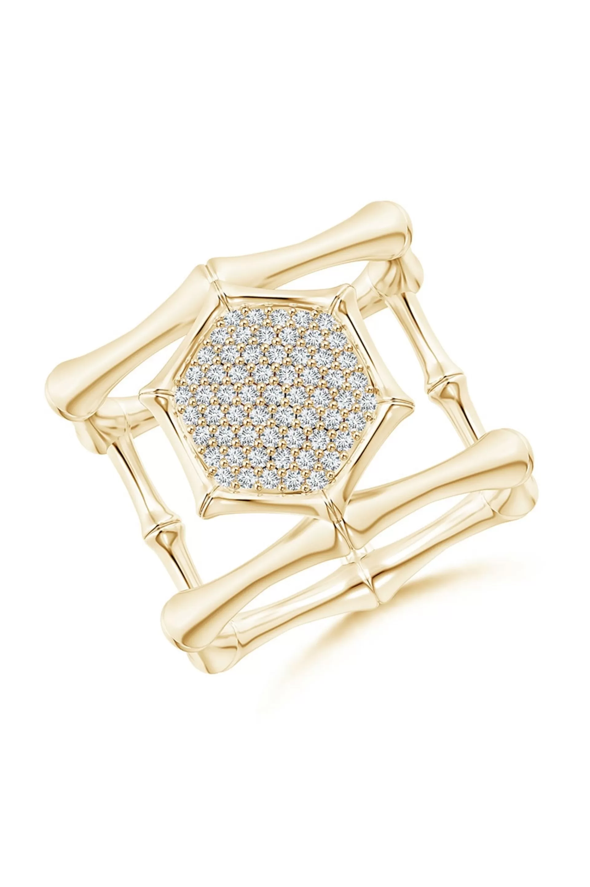 Natori Rings | Indochine<Indochine 14k Pave Diamond Hexagon Center Double Bamboo Band Cocktail Ring 14K Yellow Gold