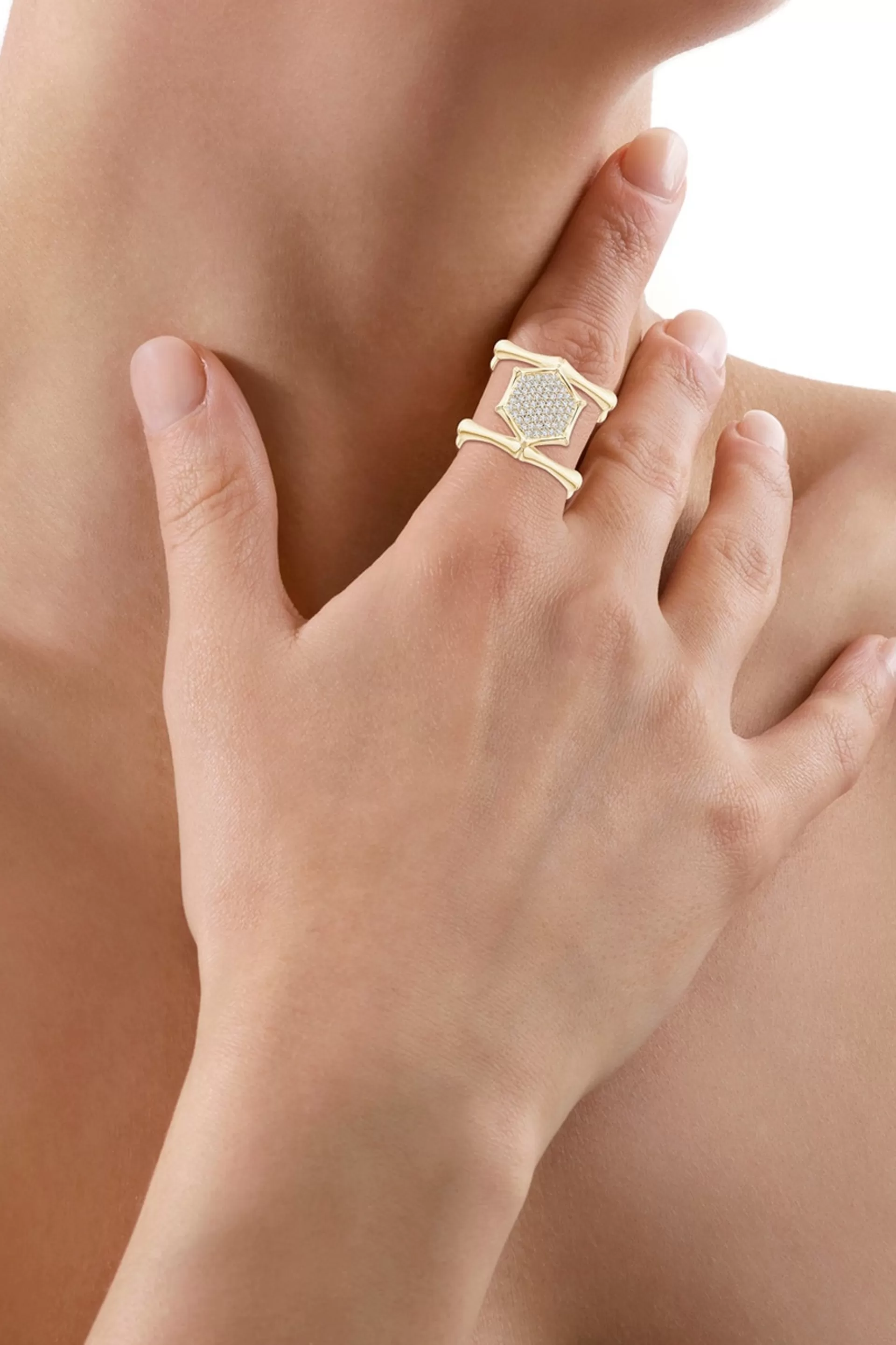 Natori Rings | Indochine<Indochine 14k Pave Diamond Hexagon Center Double Bamboo Band Cocktail Ring 14K Yellow Gold
