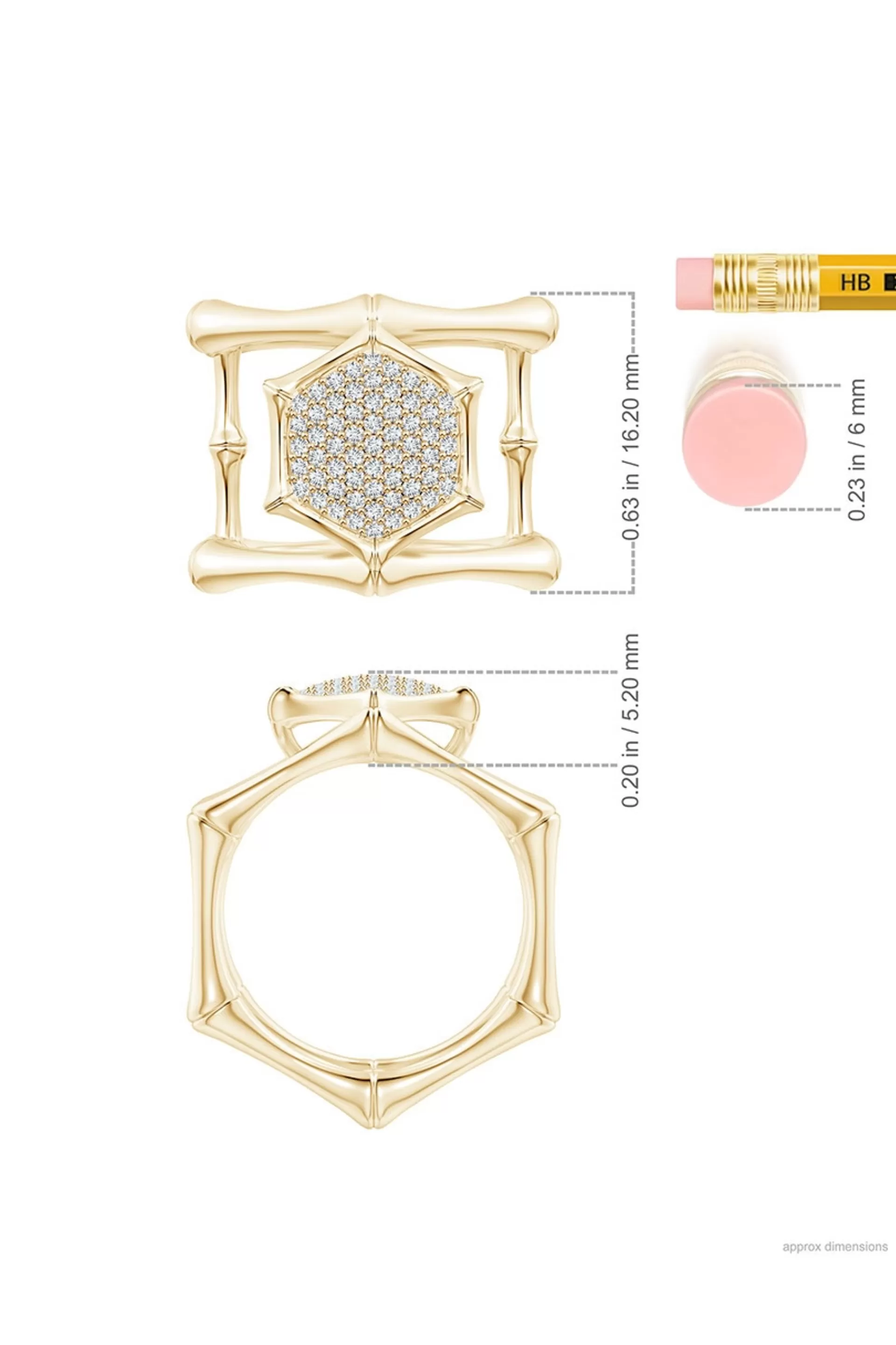 Natori Rings | Indochine<Indochine 14k Pave Diamond Hexagon Center Double Bamboo Band Cocktail Ring 14K Yellow Gold