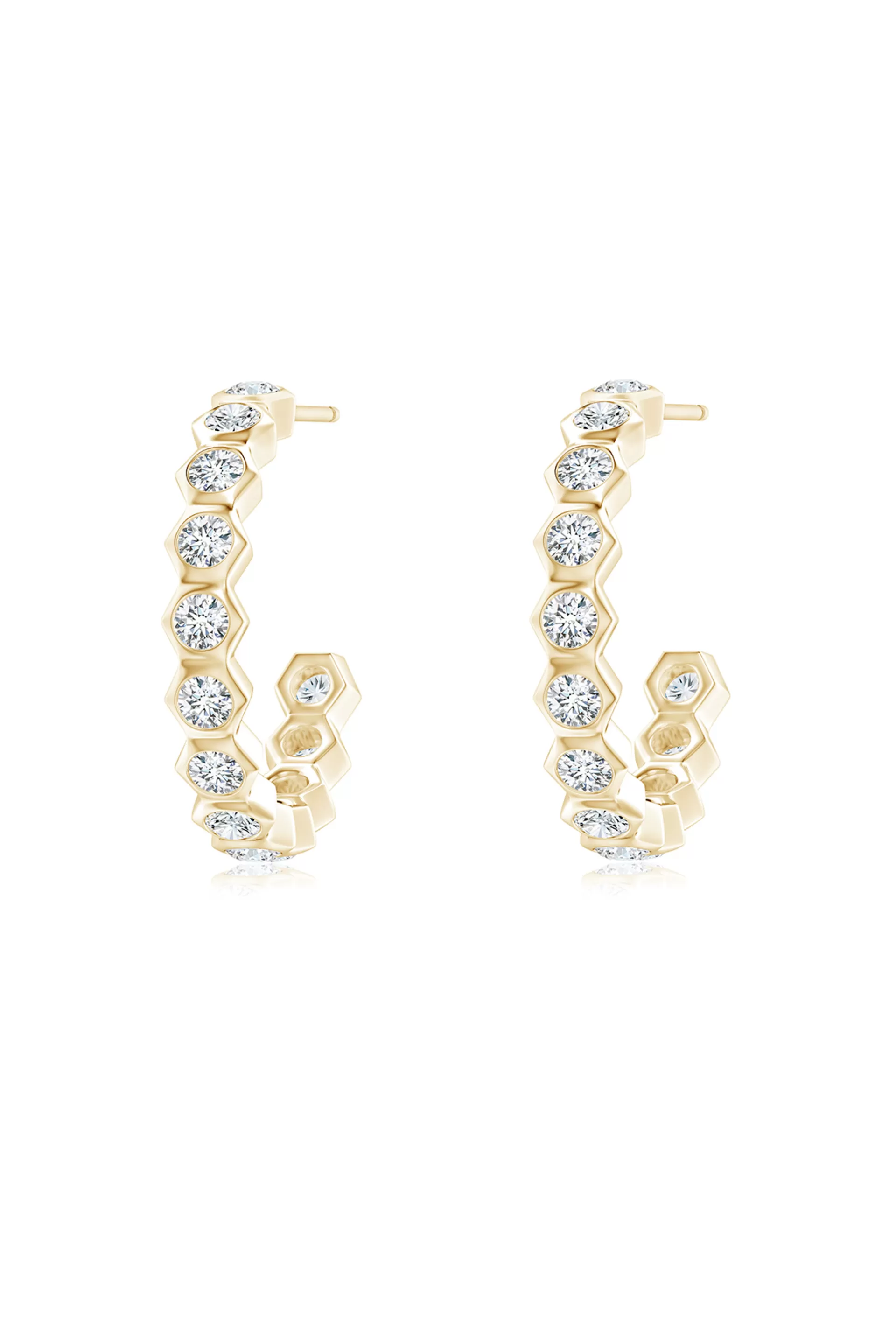 Natori Earrings | Indochine<Indochine 14k Small Stacked Hexagon Diamond J-Hoop Earrings 14K Yellow Gold