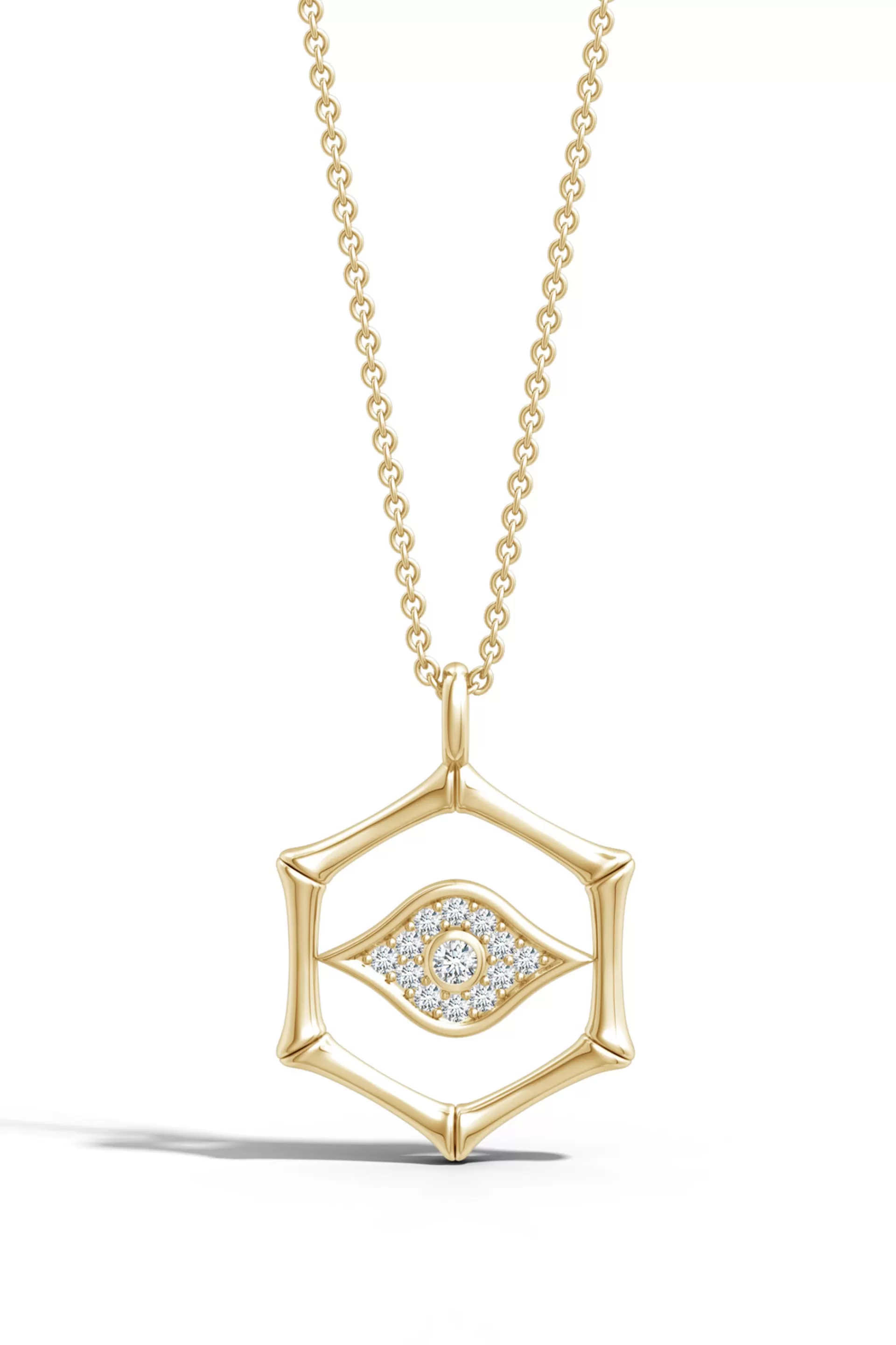 Natori Necklaces<Indochine Spirit 14k Evil Eye Bamboo Hexagon Frame Diamond Necklace 14K Yellow Gold