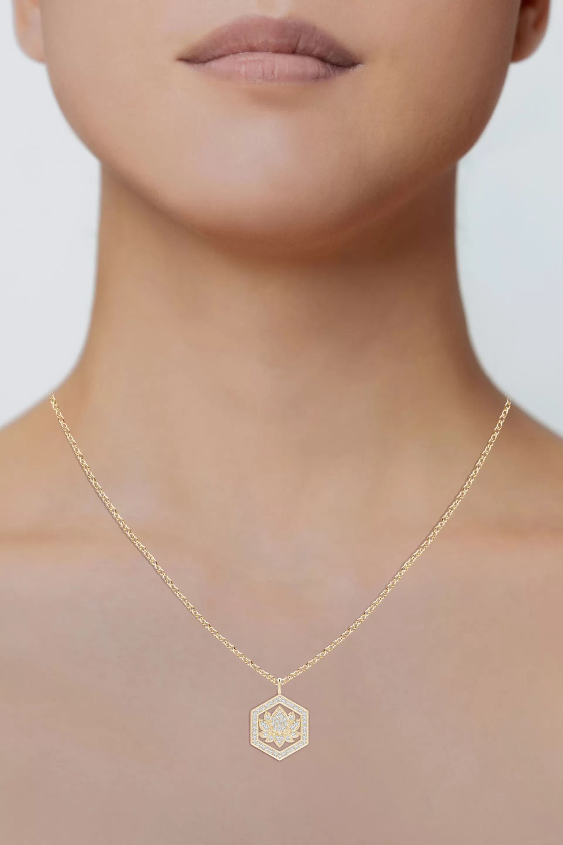 Natori Necklaces | Indochine<Indochine Spirit 14k Hexagon Frame Lotus Pave Diamond Pendant Necklace 14K Yellow Gold