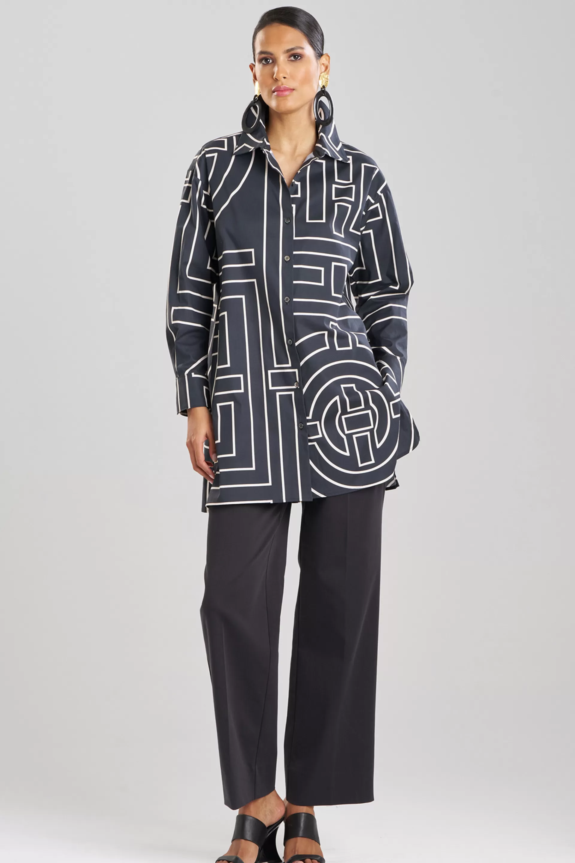 Natori Tops, Shirts & Tunics<Infinity Printed Cotton Poplin Oversized Shirt Black/Cream