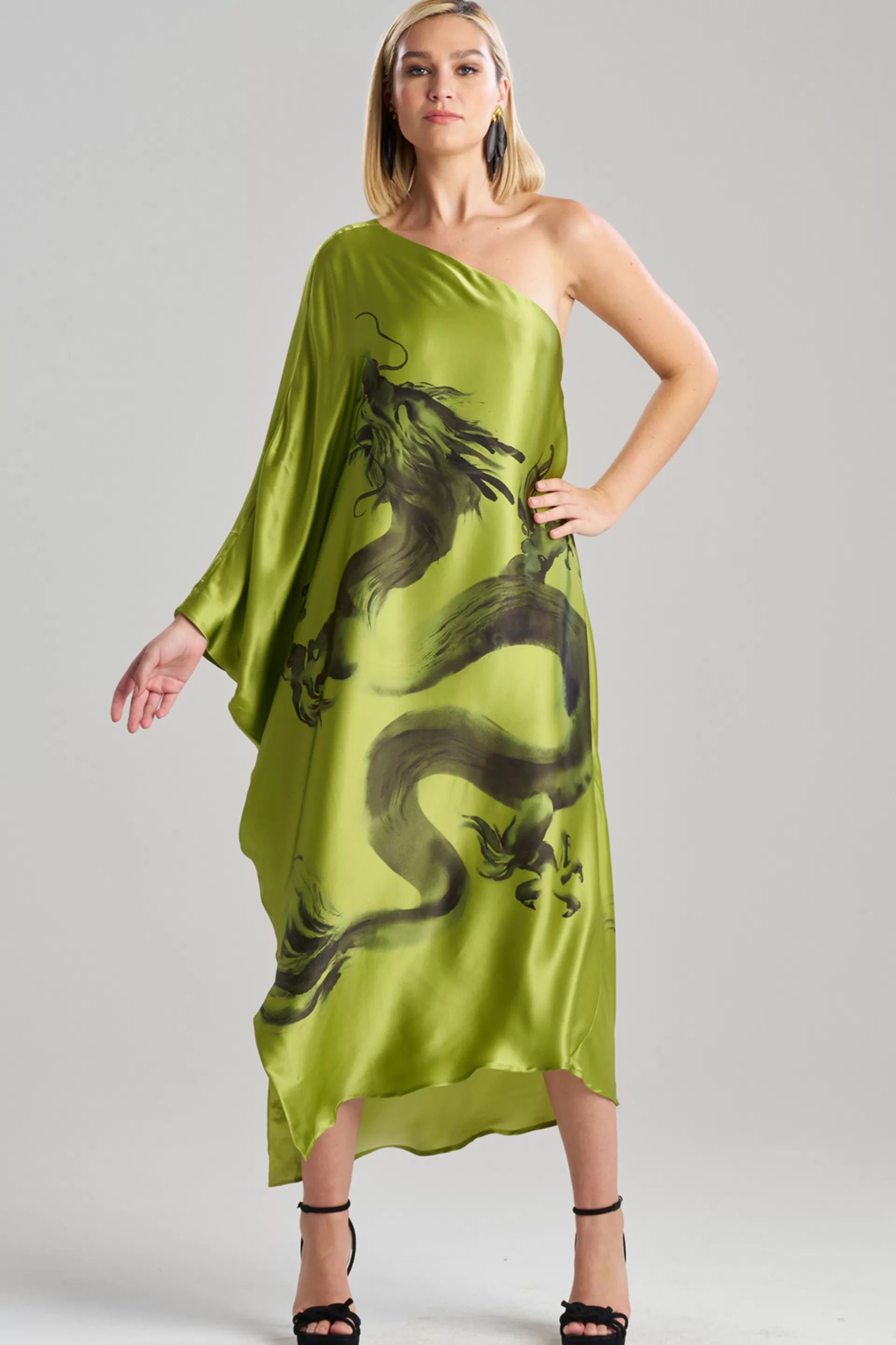 Natori Caftan Dresses<Ink Dragon One Shoulder Silk Caftan Pear