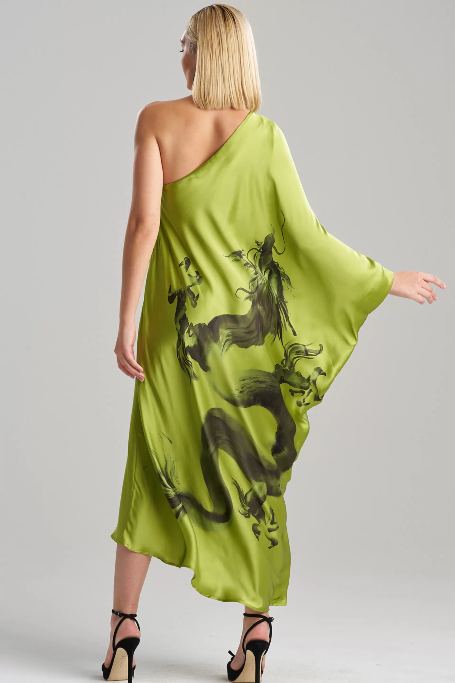 Natori Caftan Dresses<Ink Dragon One Shoulder Silk Caftan Pear