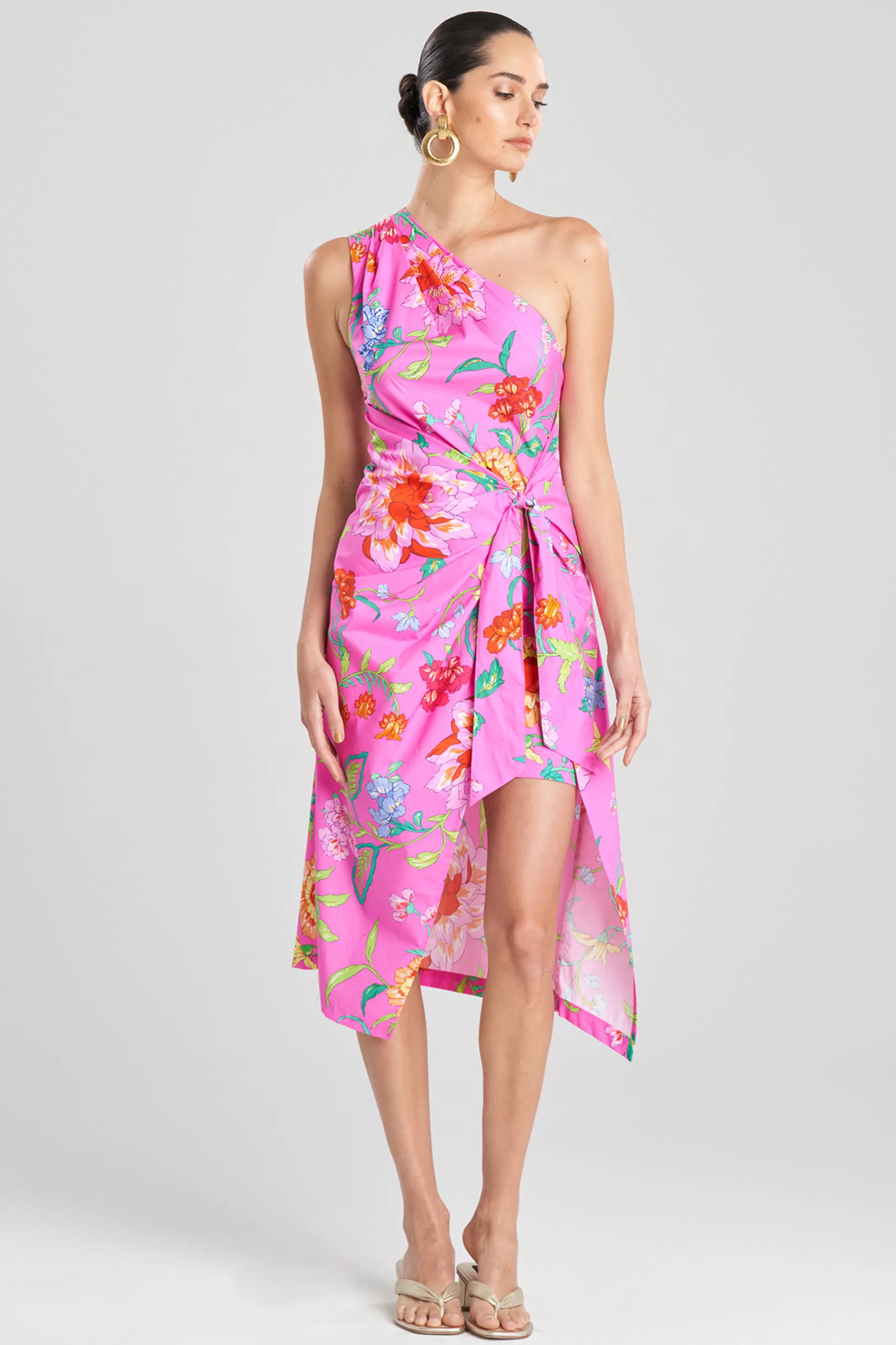 Natori Dresses<Junko Cotton Poplin Beaded Asymmetrical Drape Dress Fuchsia