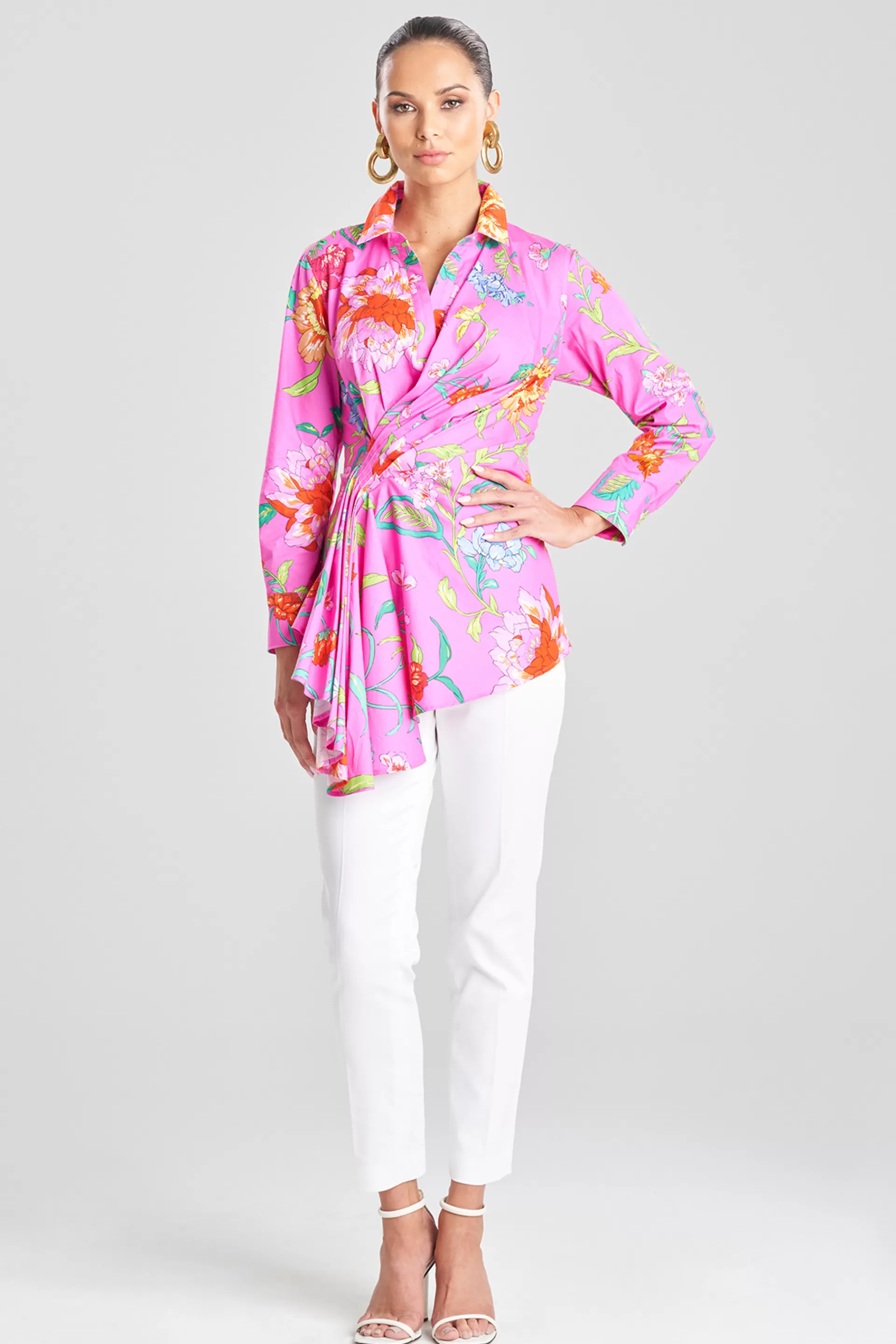 Natori Tops, Shirts & Tunics<Junko Cotton Poplin Beaded Side Drape Top Fuchsia