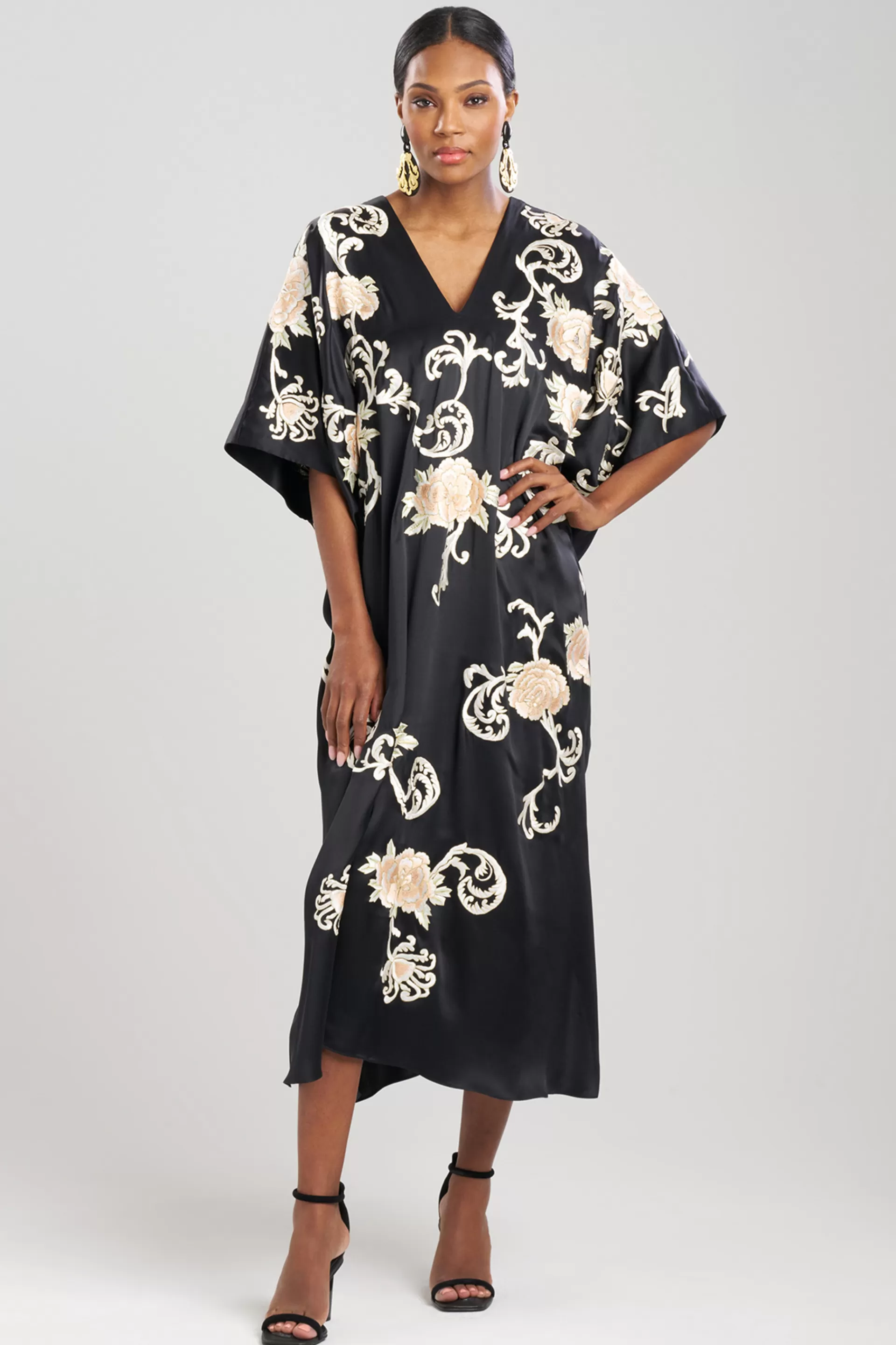 Natori Caftan Dresses<Key Essentials Embroidered Floral Silk Caftan Black