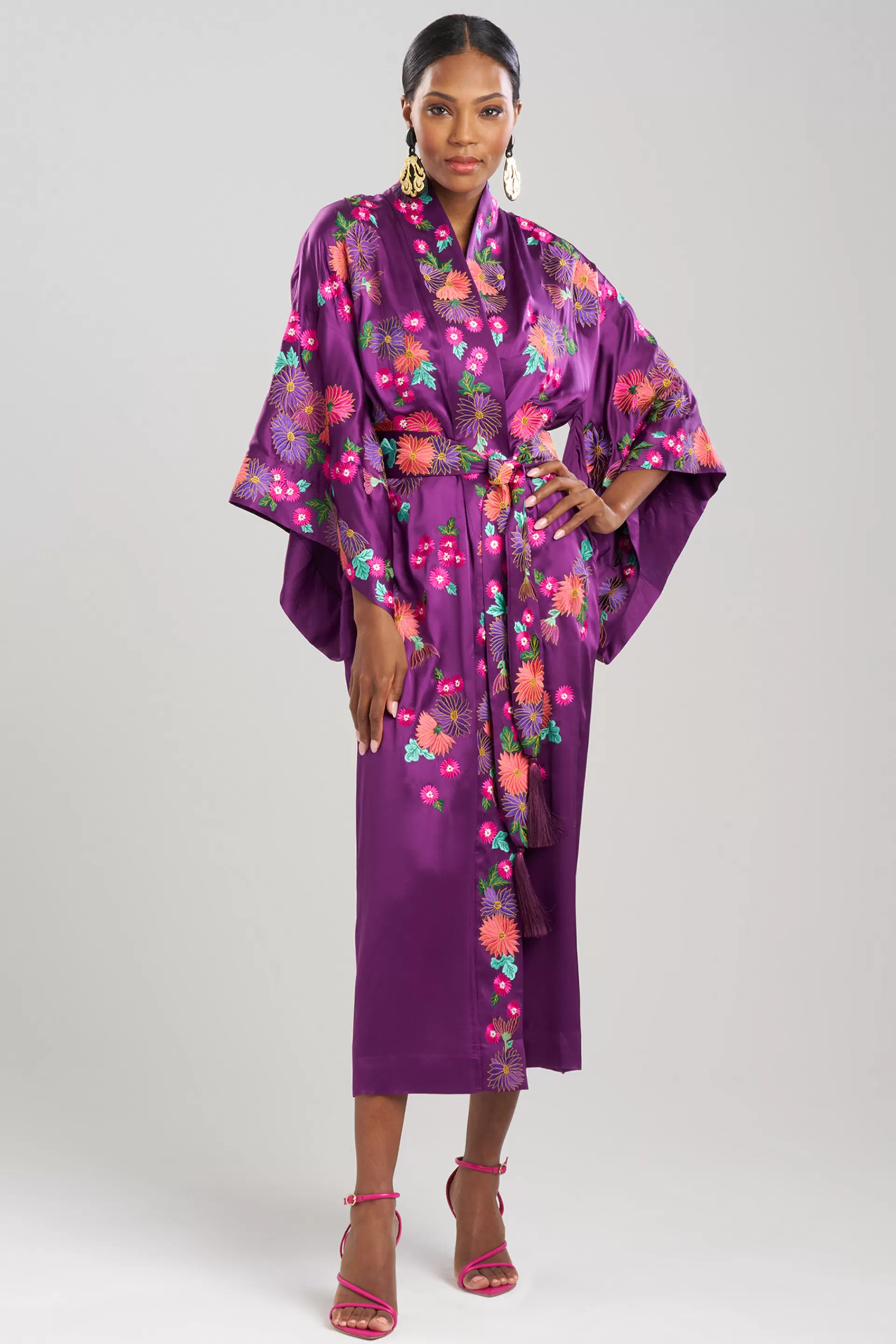 Natori Robes & Kimonos<Key Essentials Embroidered Kimono Silk Robe Regal Purple