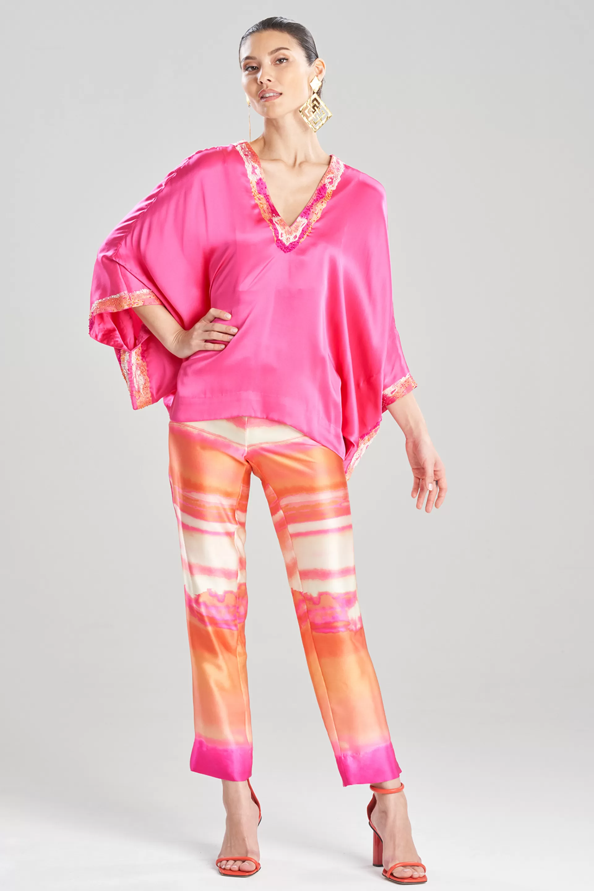 Natori Pajama Tops | Lounge Tops<Key Essentials Embroidered Kimono Sleeve Silk Top