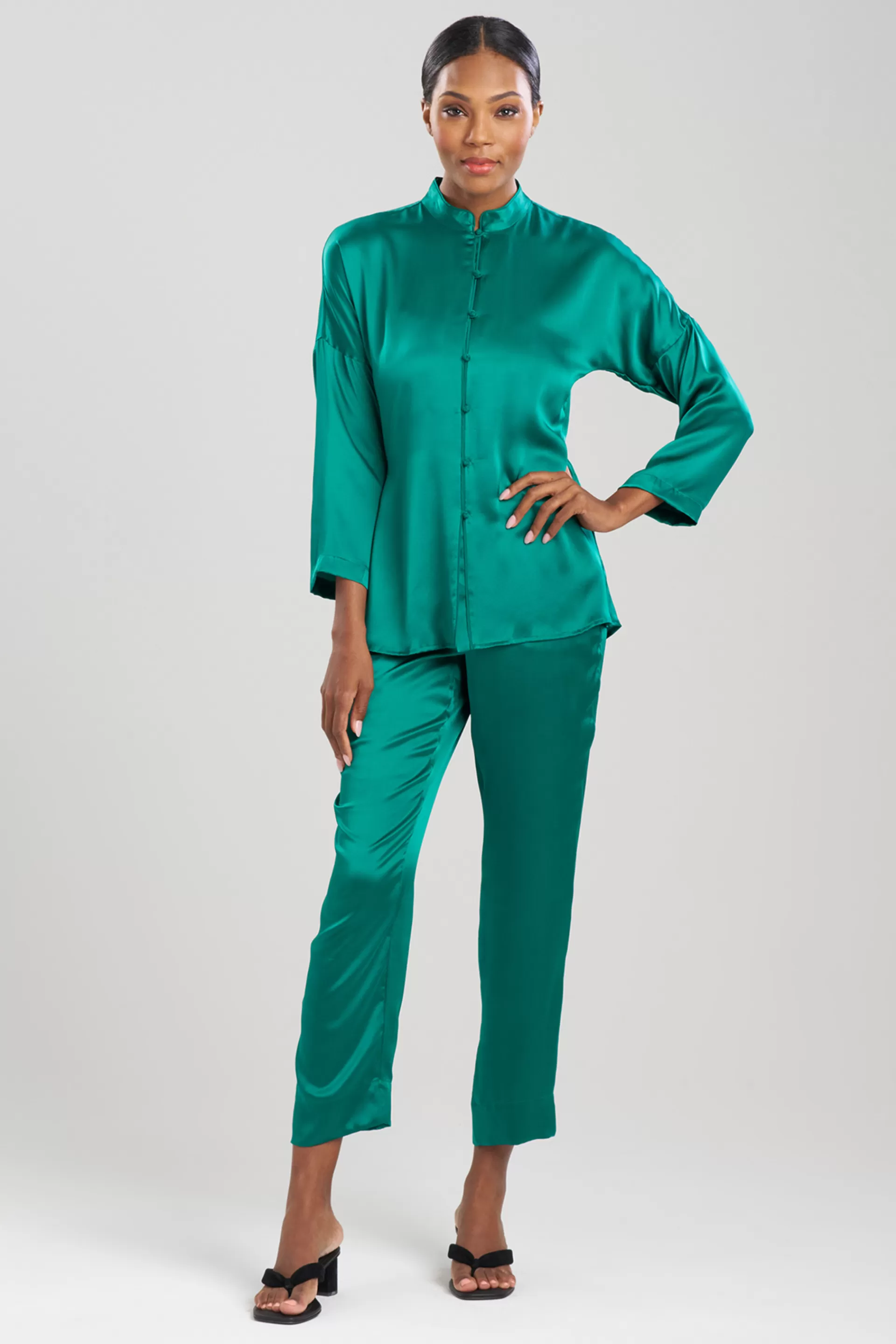 Natori Pajama Sets<Key Essentials Mandarin Silk Button PJ Deep Emerald