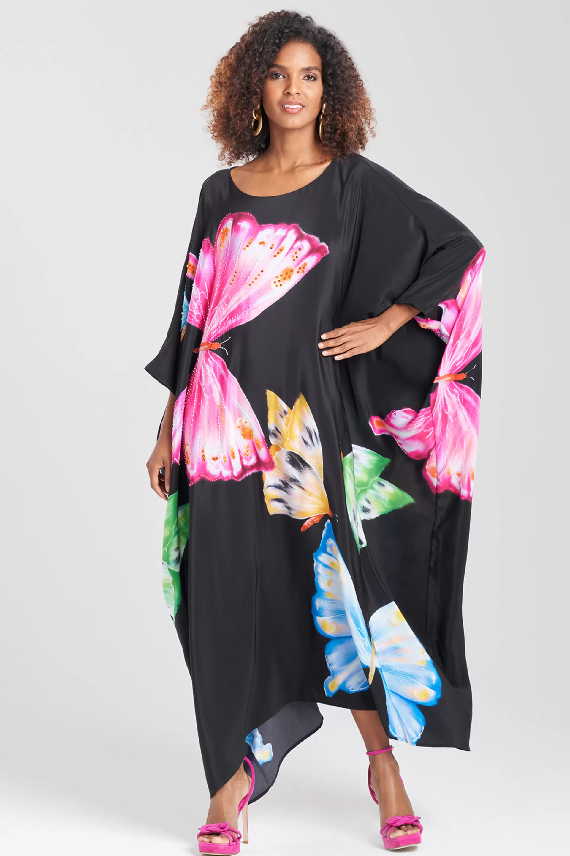 Natori Caftan Dresses<Kyoko Butterfly Beaded Silk Caftan Black Multi