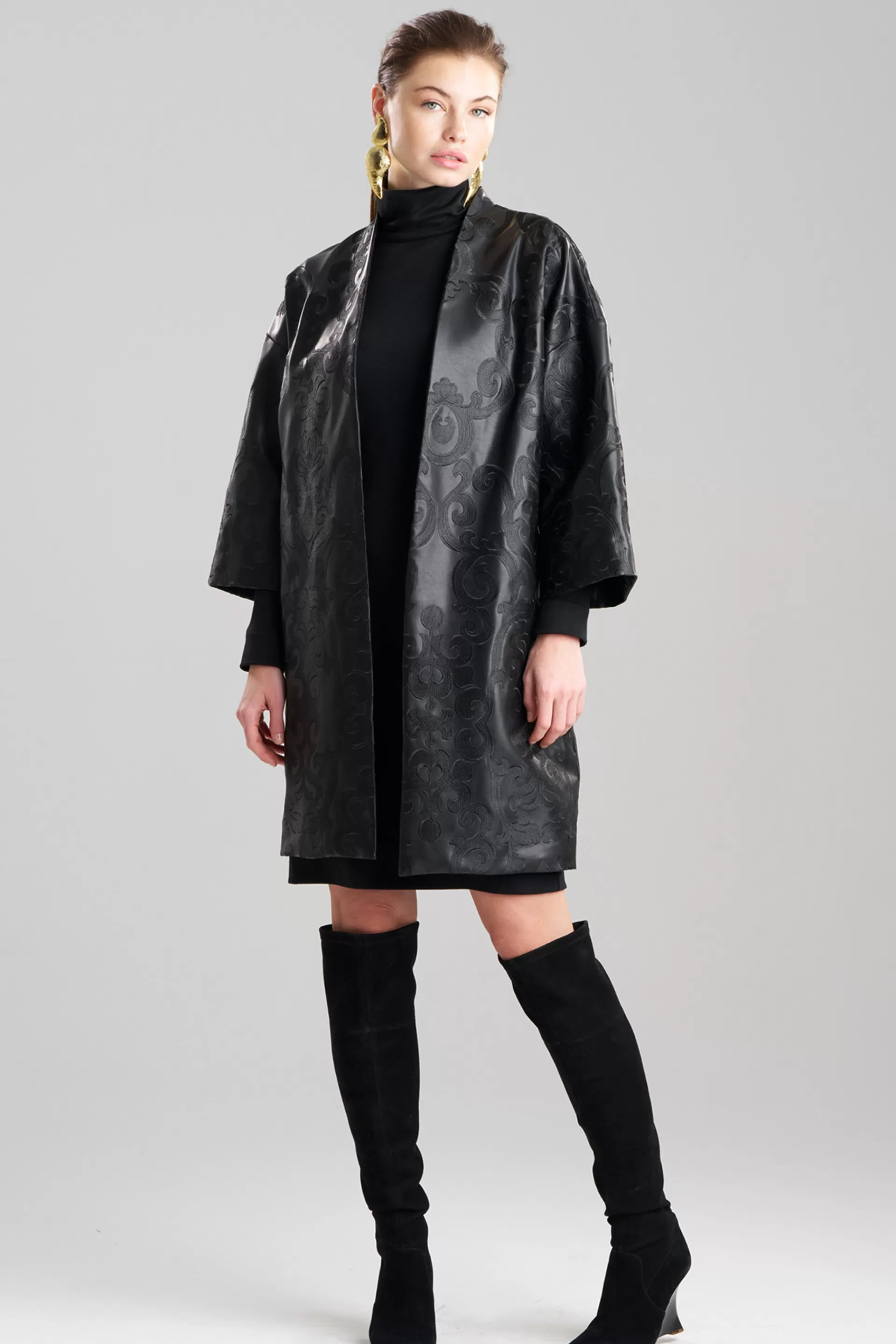 Natori Jackets & Outerwear<Leticia Embroidered Faux Leather Kimono Coat Black