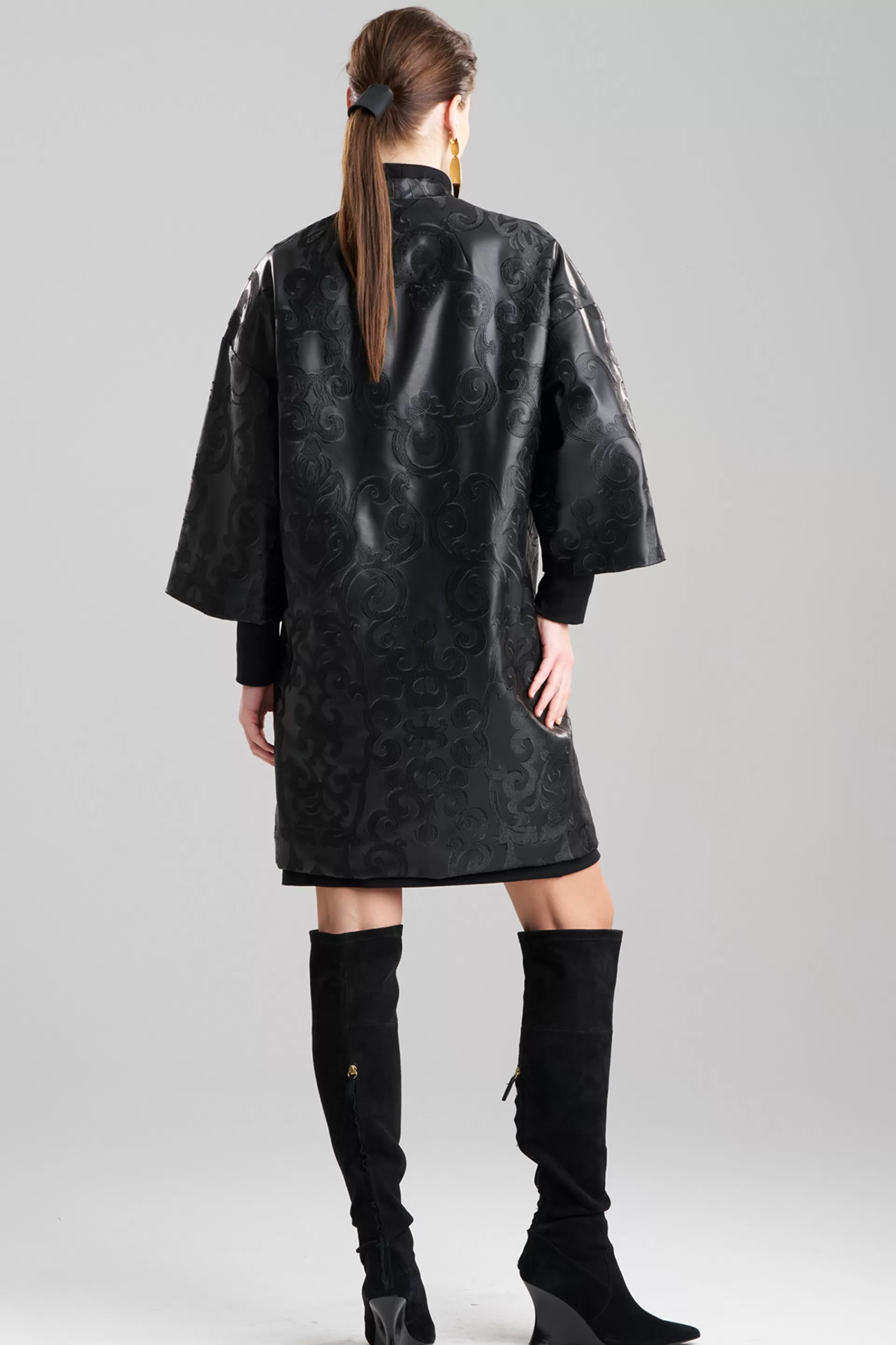 Natori Jackets & Outerwear<Leticia Embroidered Faux Leather Kimono Coat Black