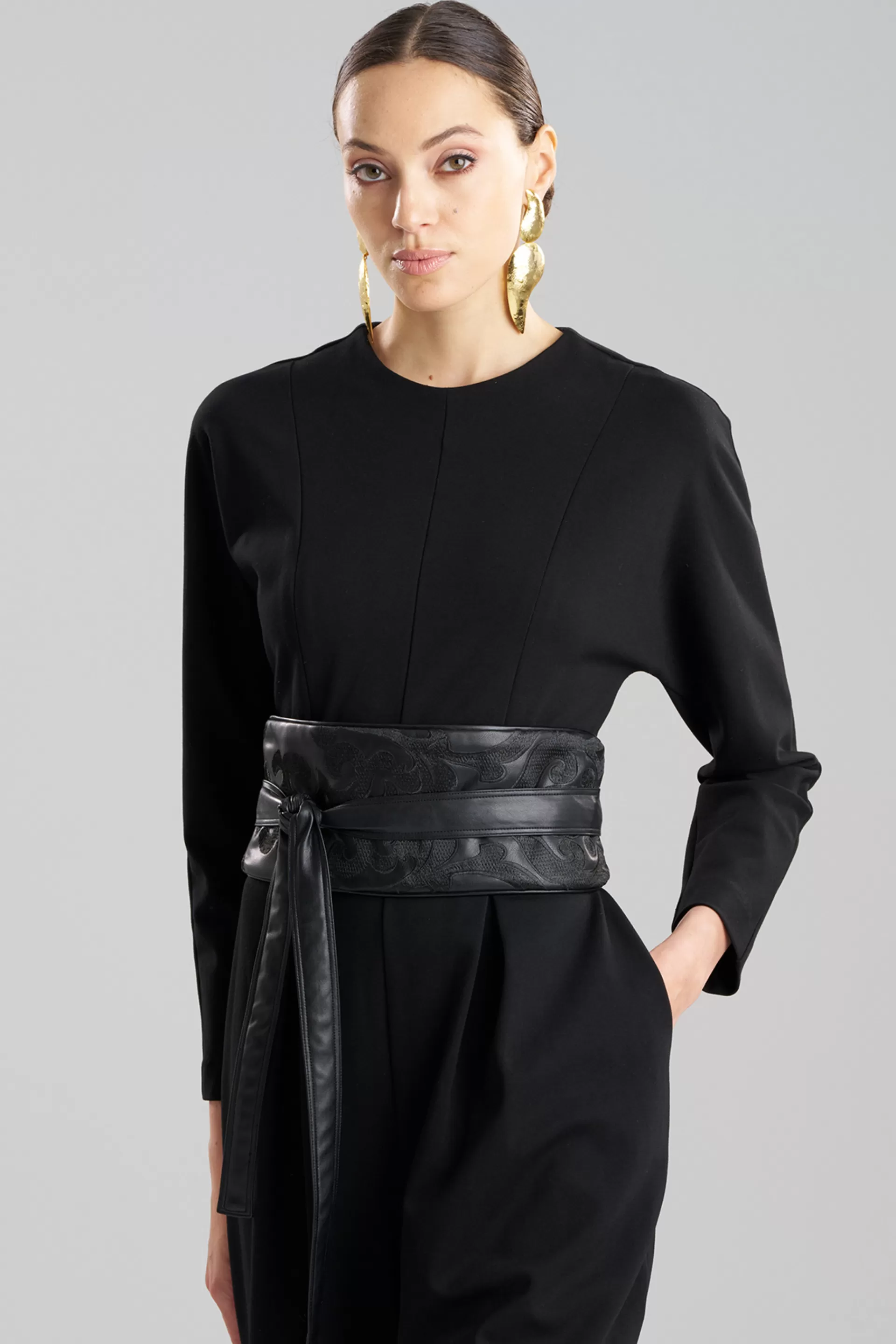 Natori Belts<Leticia Embroidered Faux Leather Obi Belt Black