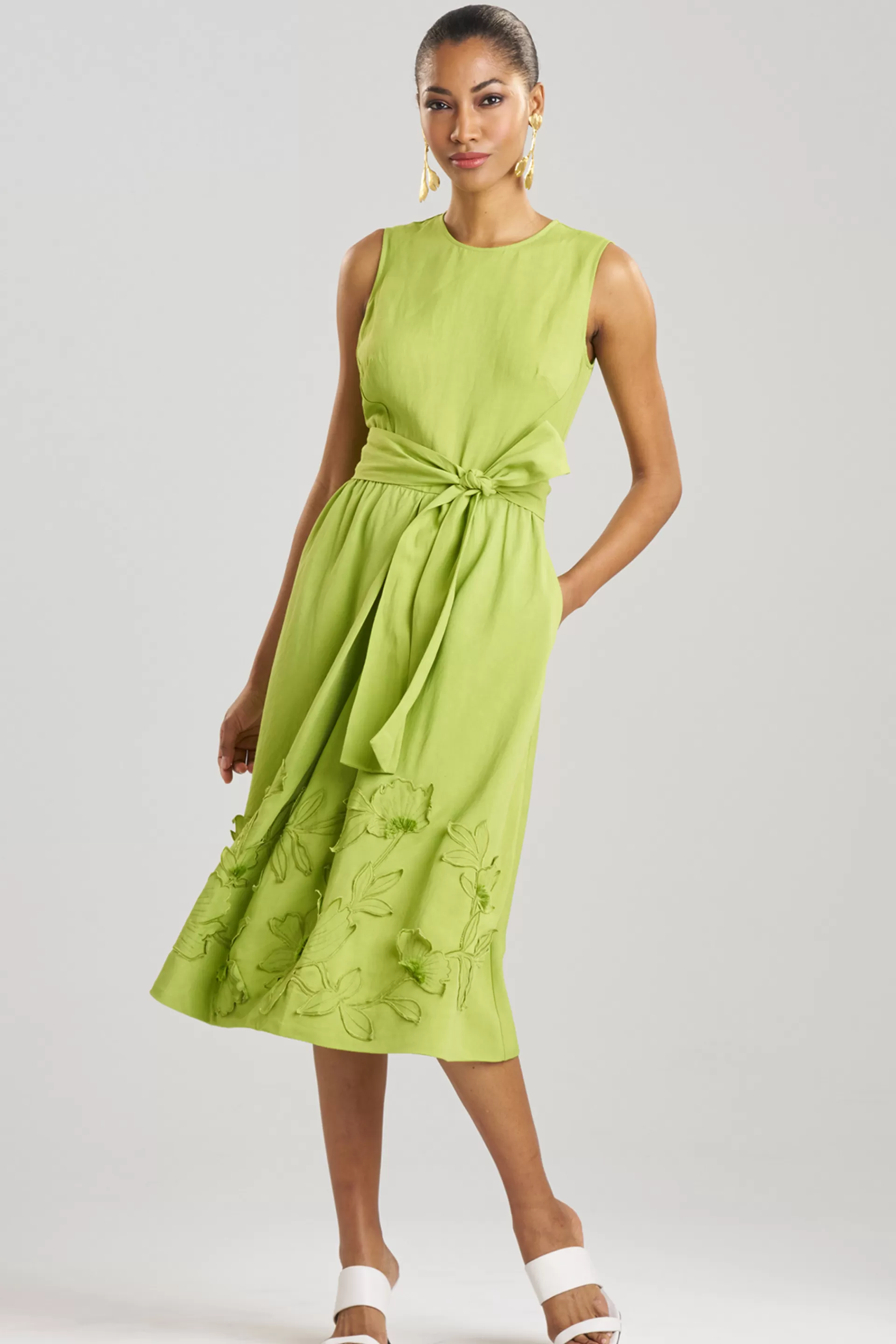 Natori Dresses<Linen Embroidered Fit & Flare Dress Pear