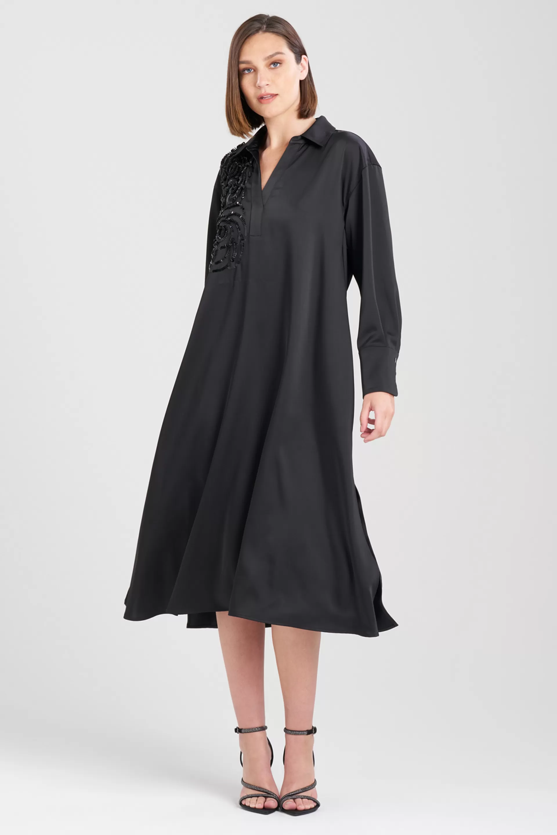 Natori Dresses<Luxe Charmeuse Embroidered Oversized Shirtdress Black