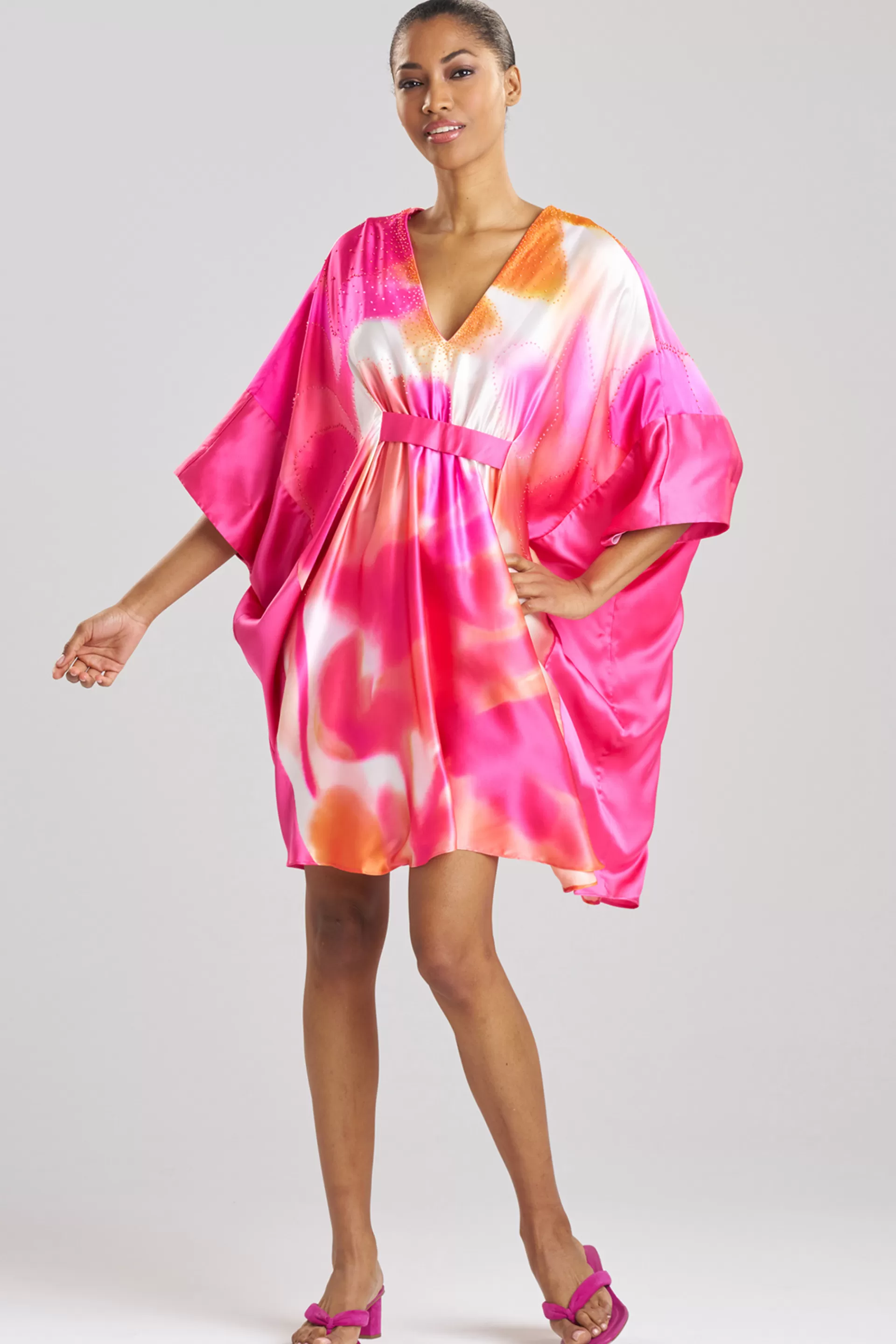 Natori Caftan Dresses<Malaga Embellished Short Silk Caftan Coral Peach