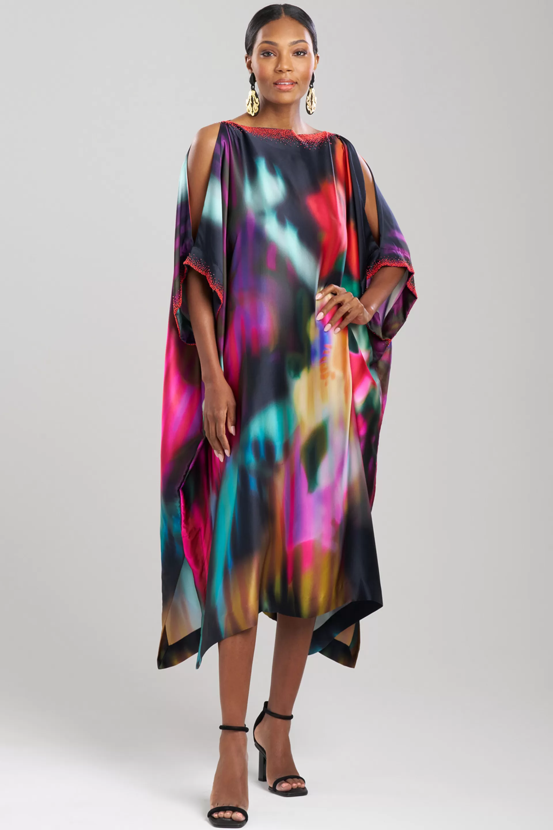 Natori Caftan Dresses<Melisande Beaded Cocoon Silk Caftan Black Multi