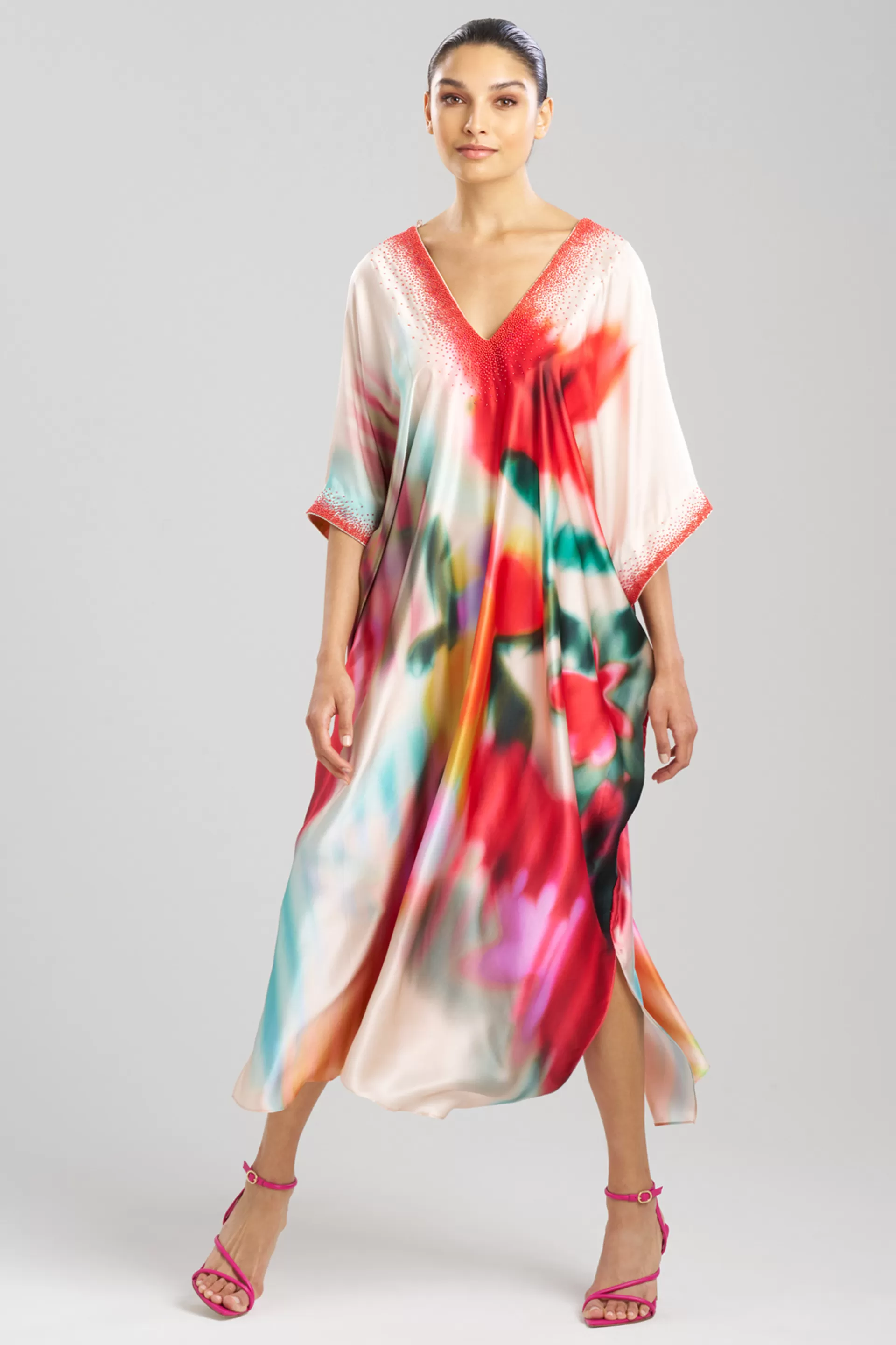 Natori Caftan Dresses<Melisande Beaded Cocoon Silk V-Neck Caftan Parchment Multi