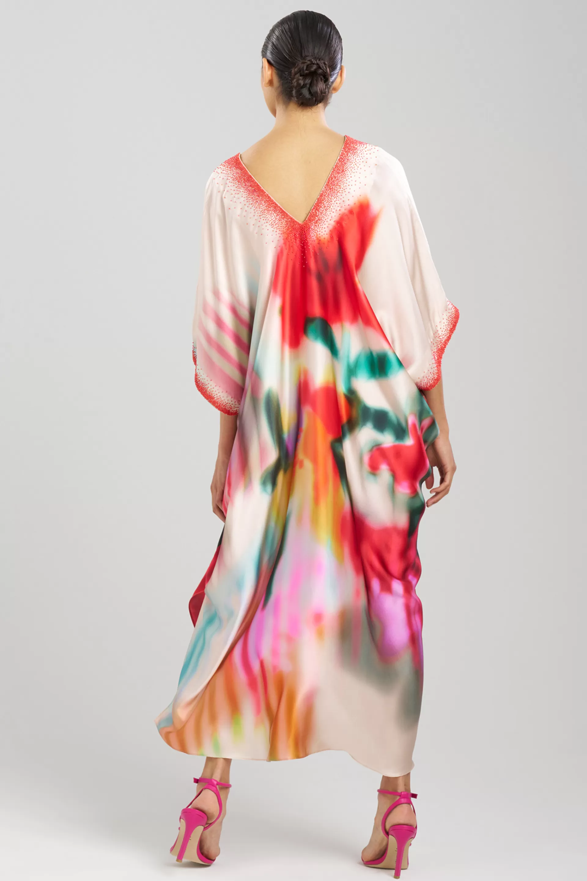 Natori Caftan Dresses<Melisande Beaded Cocoon Silk V-Neck Caftan Parchment Multi