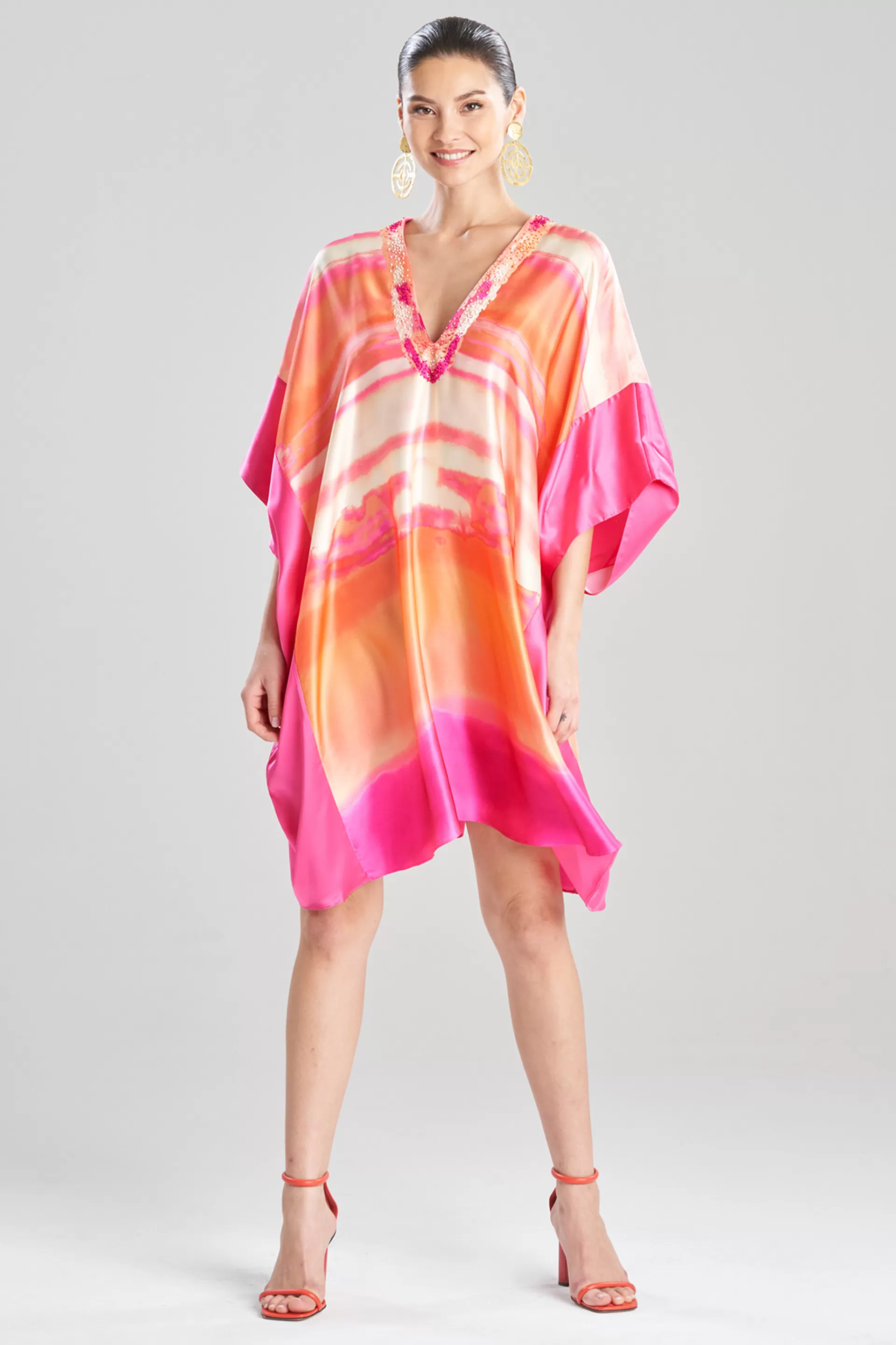 Natori Caftan Dresses<Minako Short Cocoon Silk Embellished Caftan Pink Sapphire