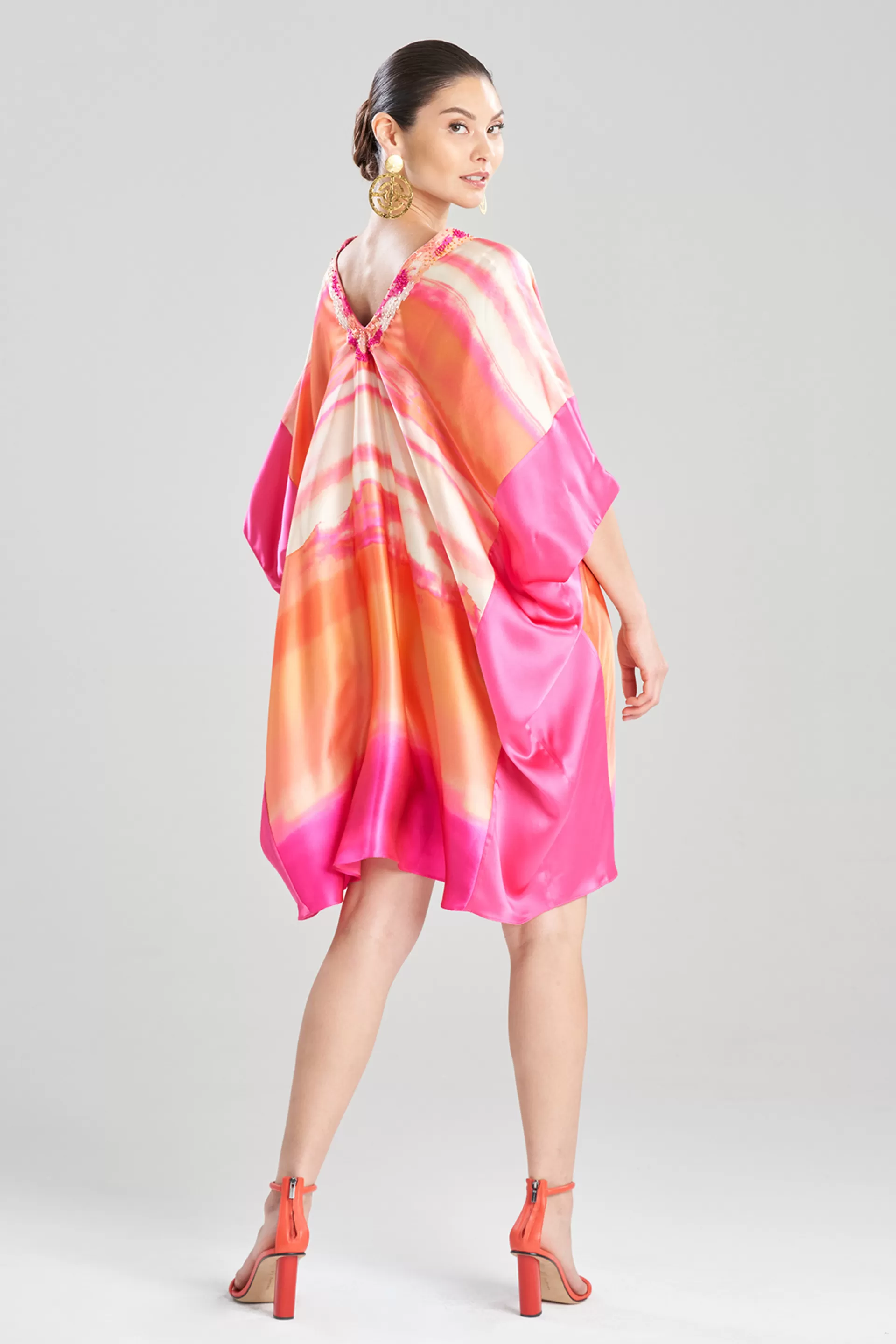 Natori Caftan Dresses<Minako Short Cocoon Silk Embellished Caftan Pink Sapphire