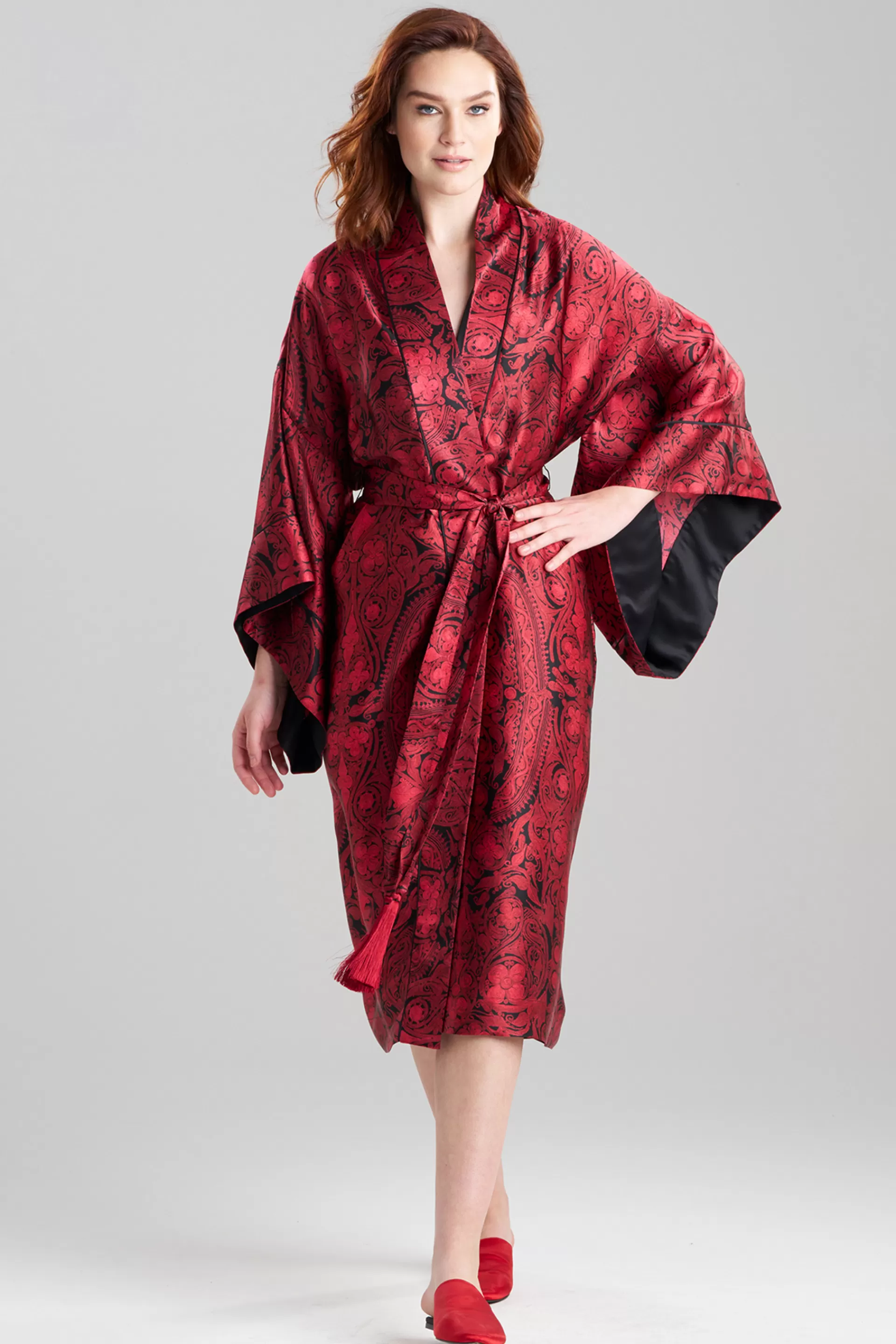 Natori Robes & Kimonos<Ottoman Drop Sleeve Silk Robe Red/Black