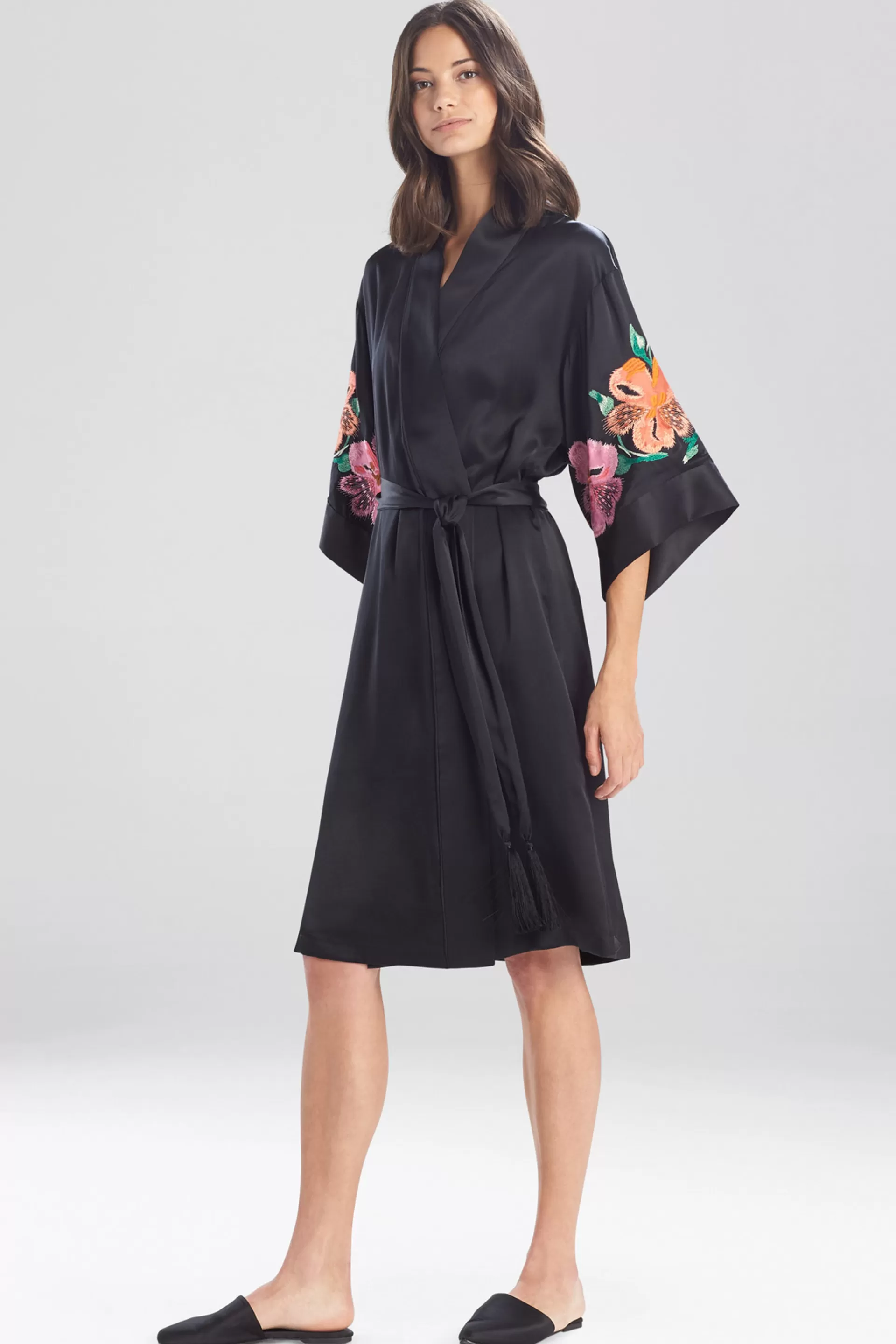 Natori Robes & Kimonos<Peony Blossoms Embroidered Silk Robe Black