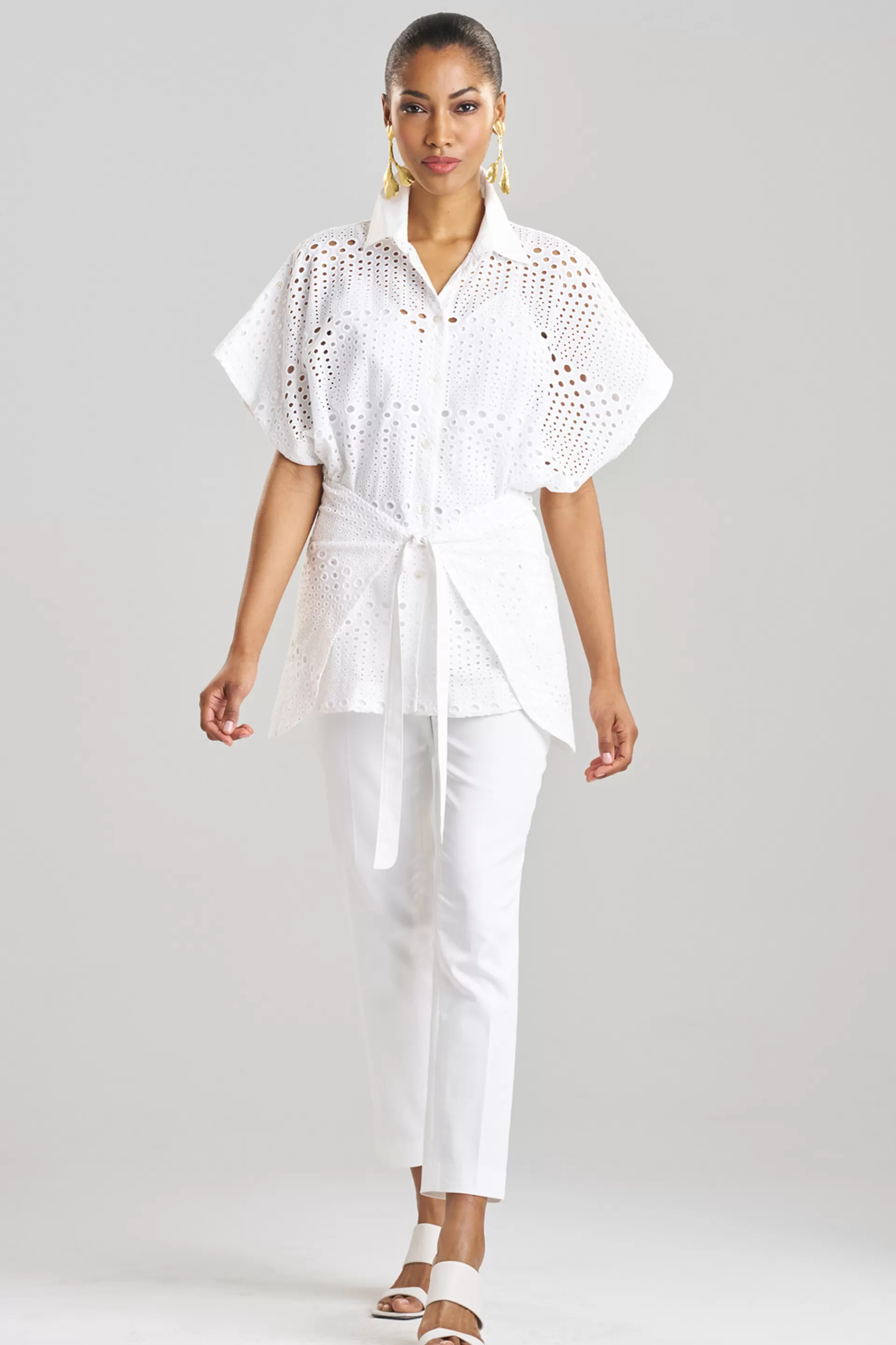 Natori Tops, Shirts & Tunics<Round Eyelet Kimono Wrap Shirt White