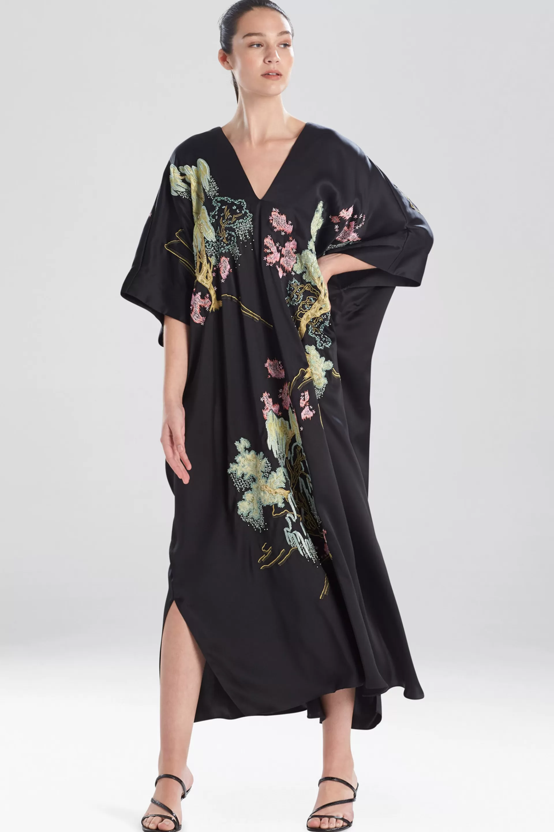 Natori Caftan Dresses<Sansui Embroidered Silk Caftan Black