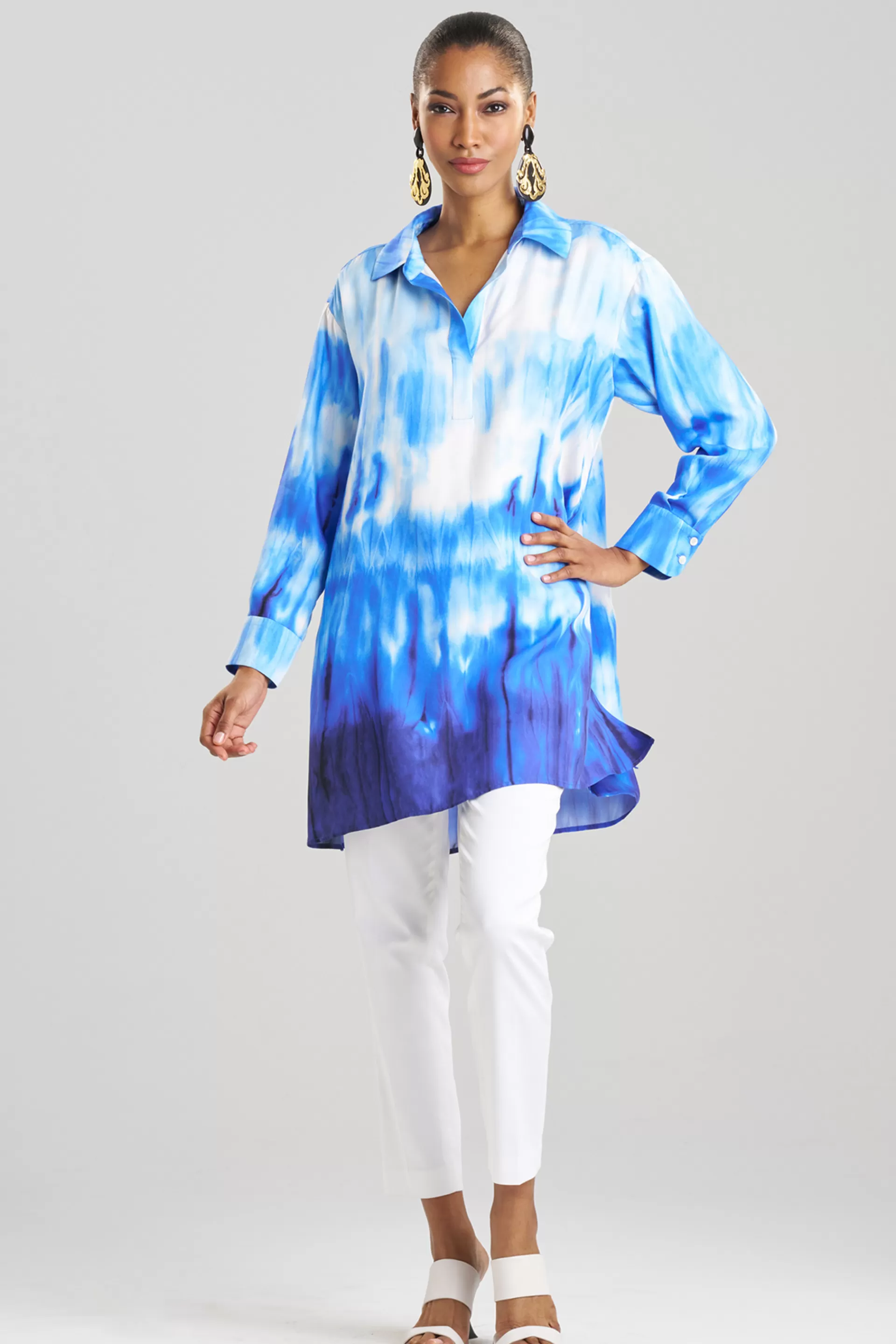 Natori Plus Sizes | Tops, Shirts & Tunics<Santorini Printed Cotton Silk Oversized Shirt Majorelle