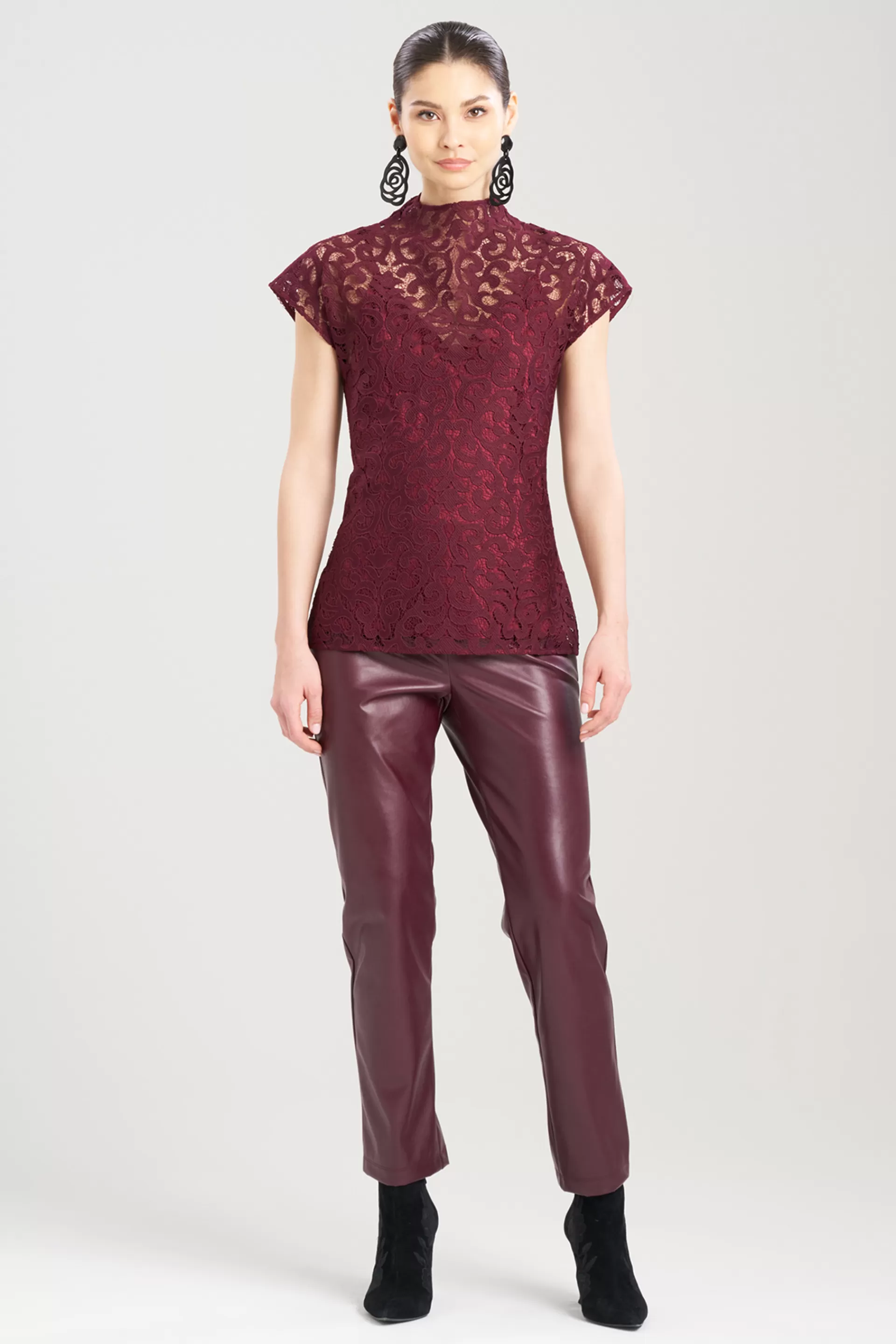 Natori Tops, Shirts & Tunics<Scroll Lace Funnel Neck Top Bordeaux