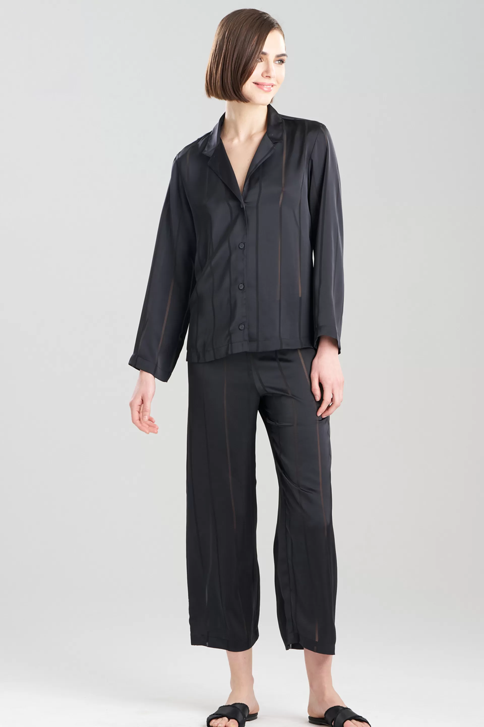 Natori Pajama Sets<Sheer Stripe Jacquard Notch PJ Black