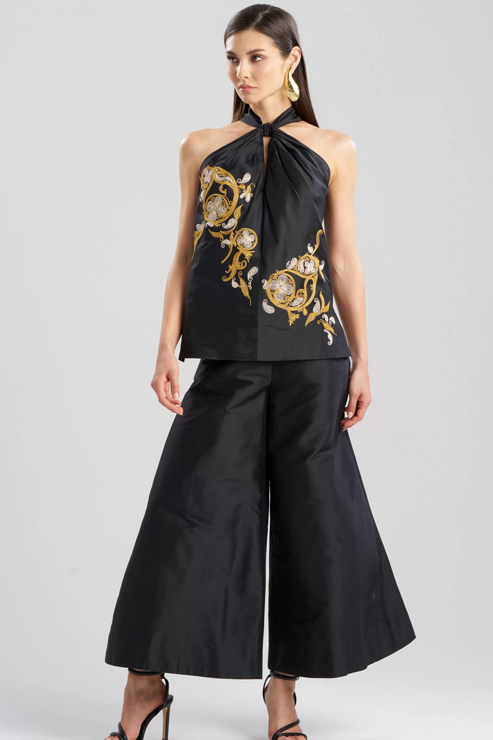 Natori Tops, Shirts & Tunics<Silk Dupioni Embroidered Halter Top Black