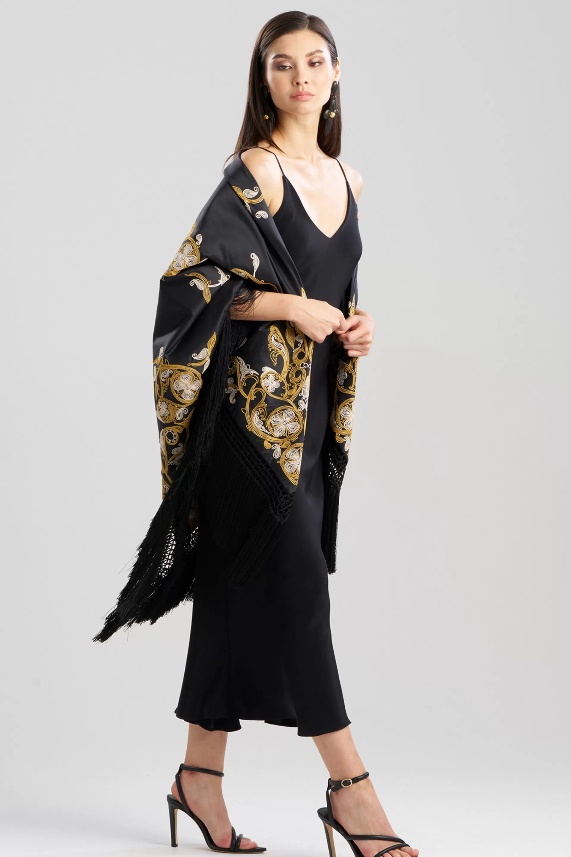 Natori Scarves & Shawls<Silk Dupioni Embroidered Silk Fringe Shawl Black