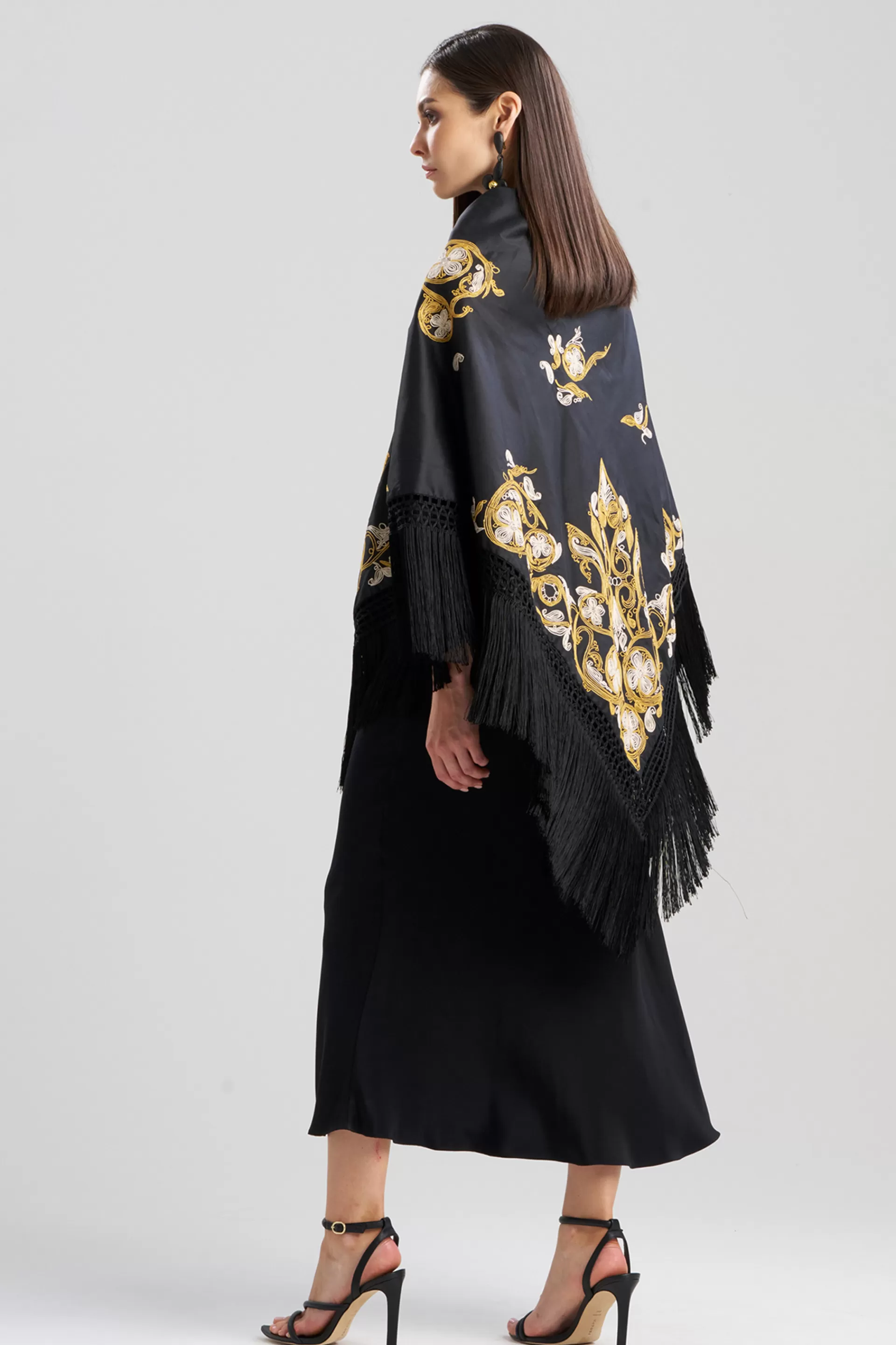 Natori Scarves & Shawls<Silk Dupioni Embroidered Silk Fringe Shawl Black