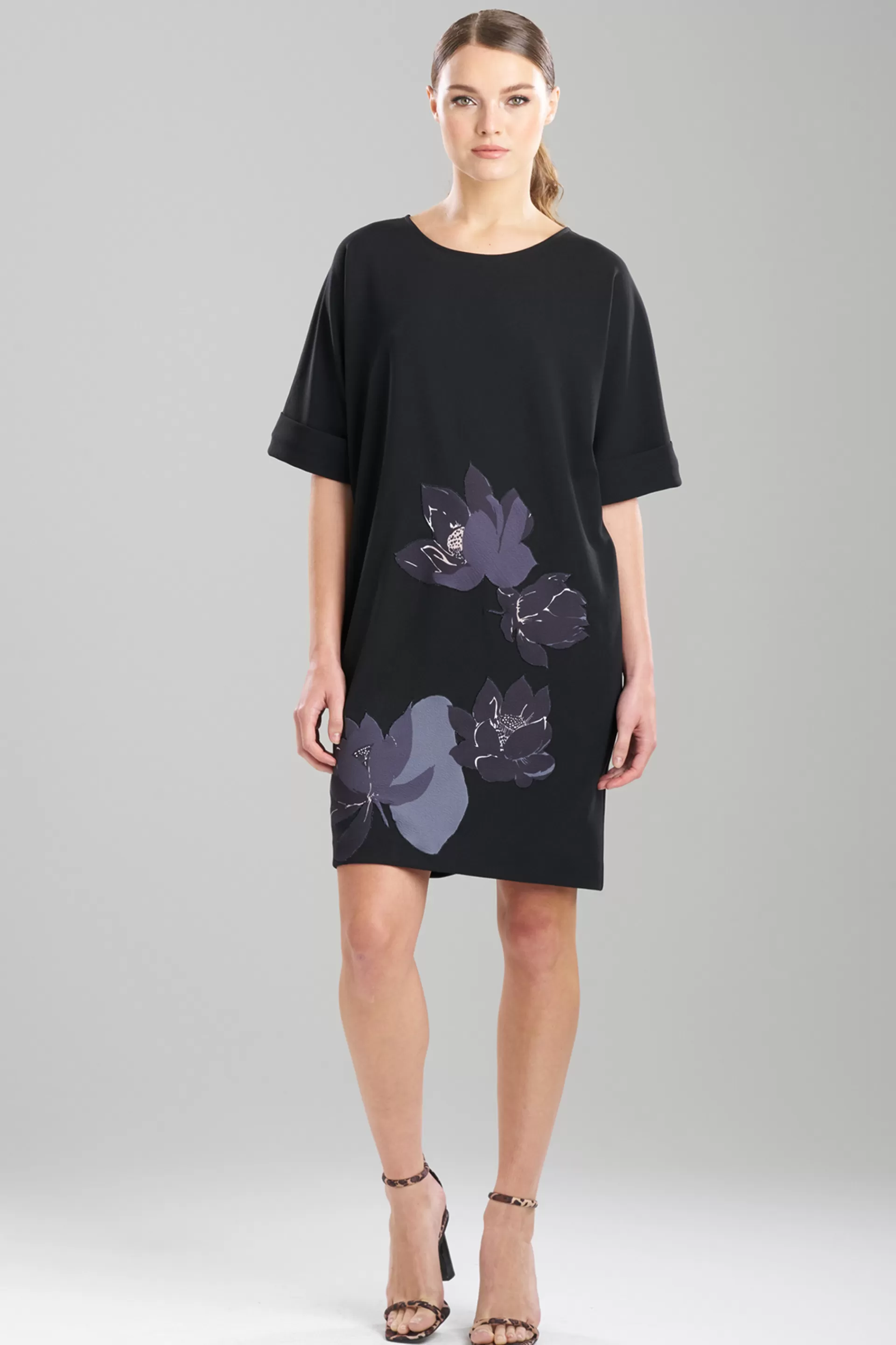 Natori Dresses<Solid Knit Crepe Embroidered T-Shirt Dress Black