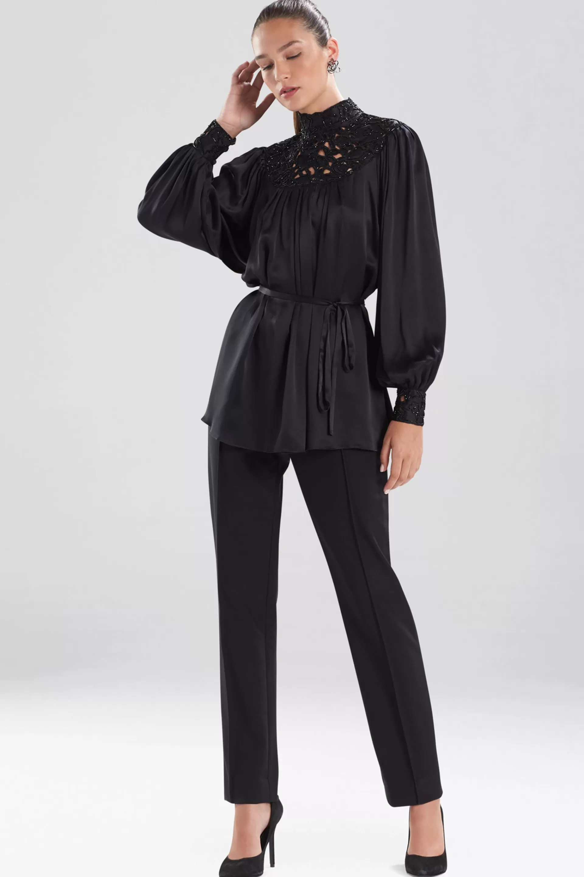 Natori Tops, Shirts & Tunics<Solid Silk Charm Tie-Front Embroidered Top Black