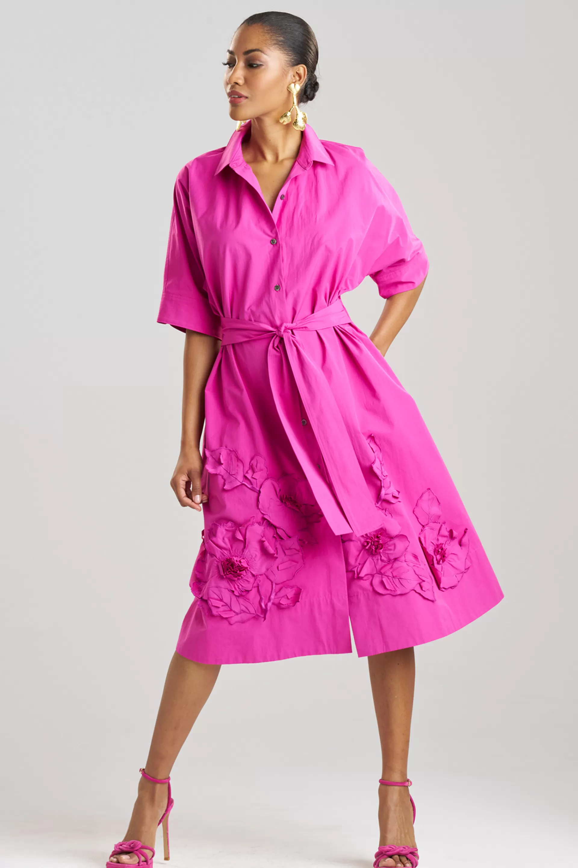 Natori Dresses | Plus Sizes<Tech Cotton Taffeta Embroidered Belted Dress Bright Berry