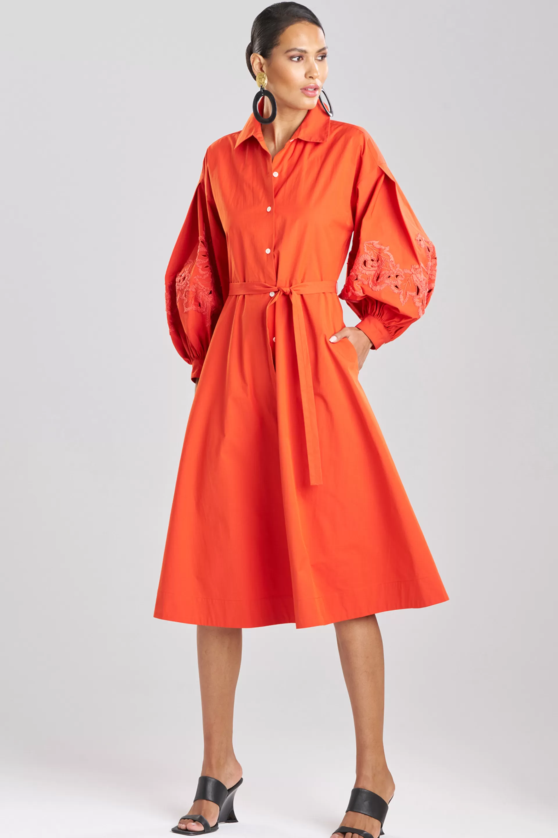 Natori Dresses<Tech Cotton Taffeta Embroidered Shirtdress Tangerine Orange