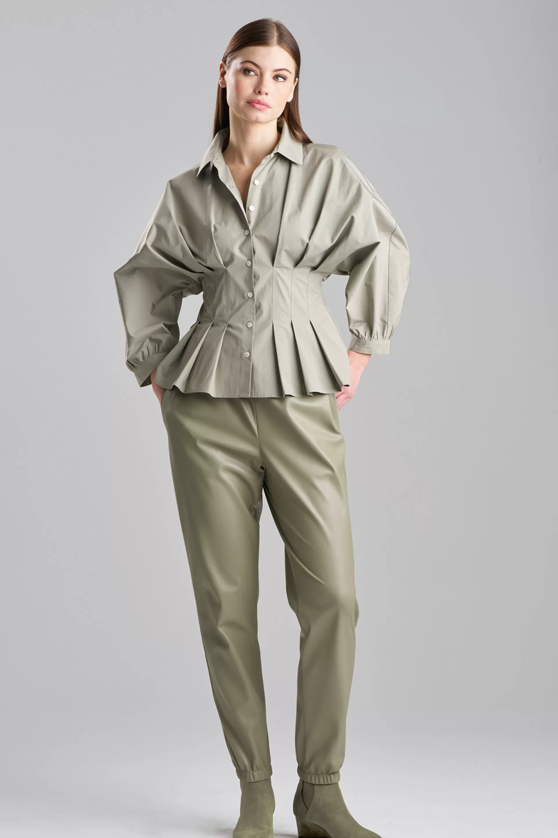 Natori Tops, Shirts & Tunics<Tech Cotton Taffeta Pleated Shirt Light Sage