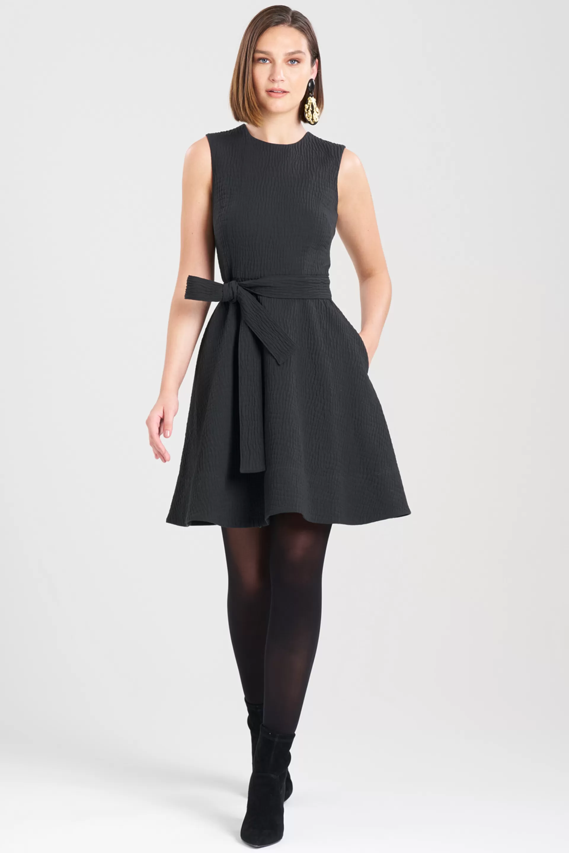 Natori Dresses<Textured Cotton Jacquard Fit & Flare Dress Black