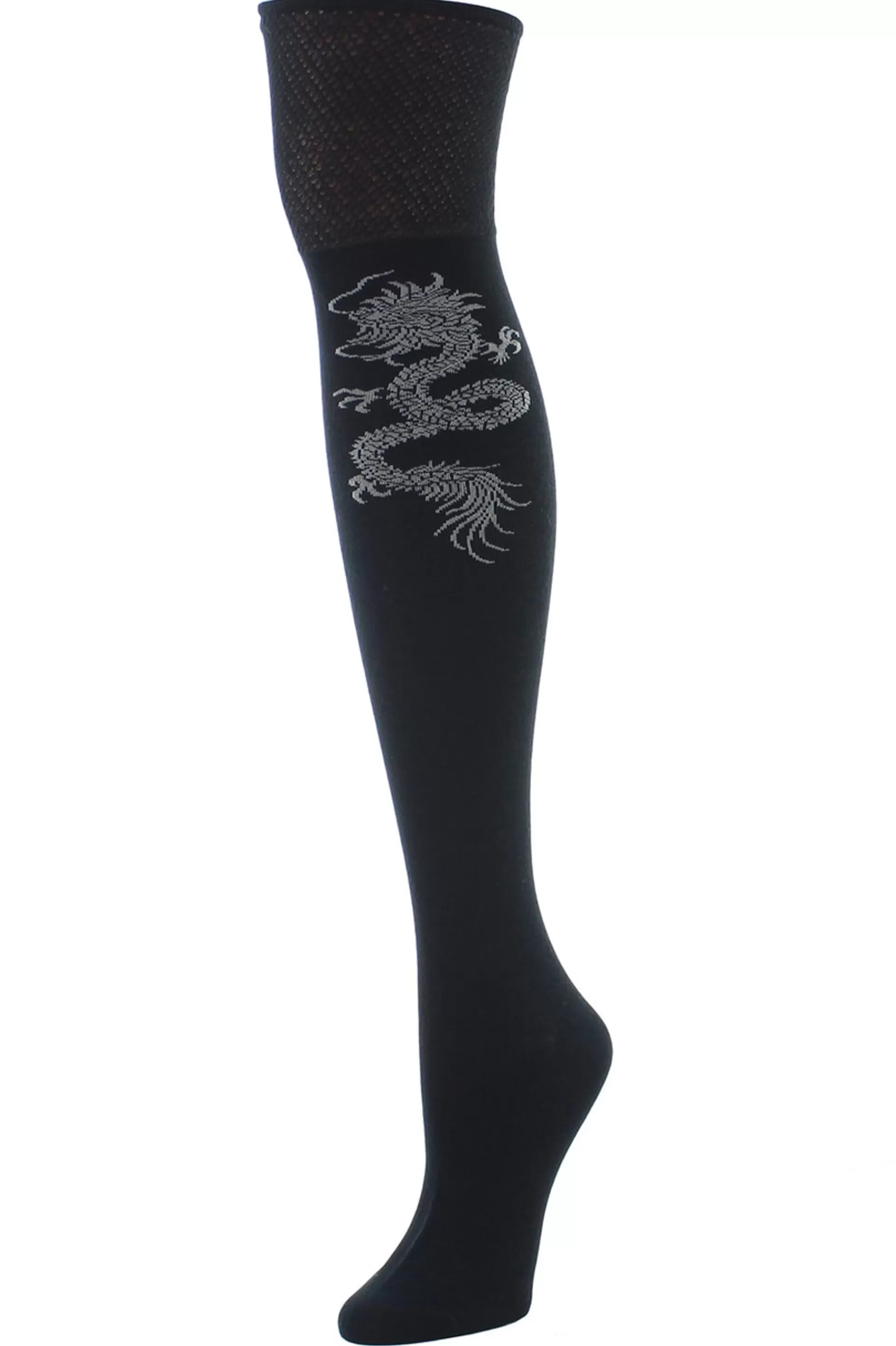 Natori Socks<Textured Cuff Dragon Over The Knee Socks Black