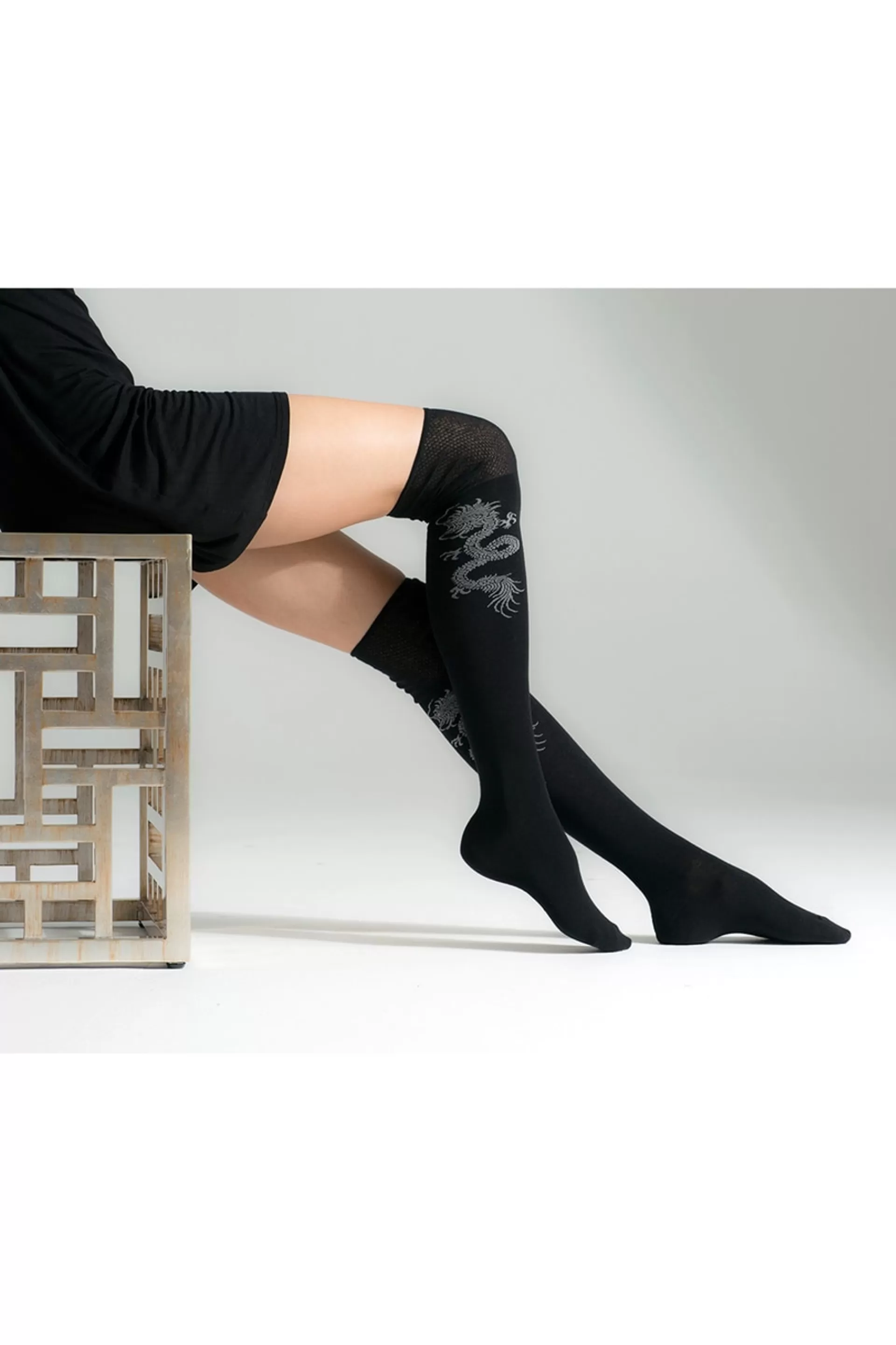 Natori Socks<Textured Cuff Dragon Over The Knee Socks Black