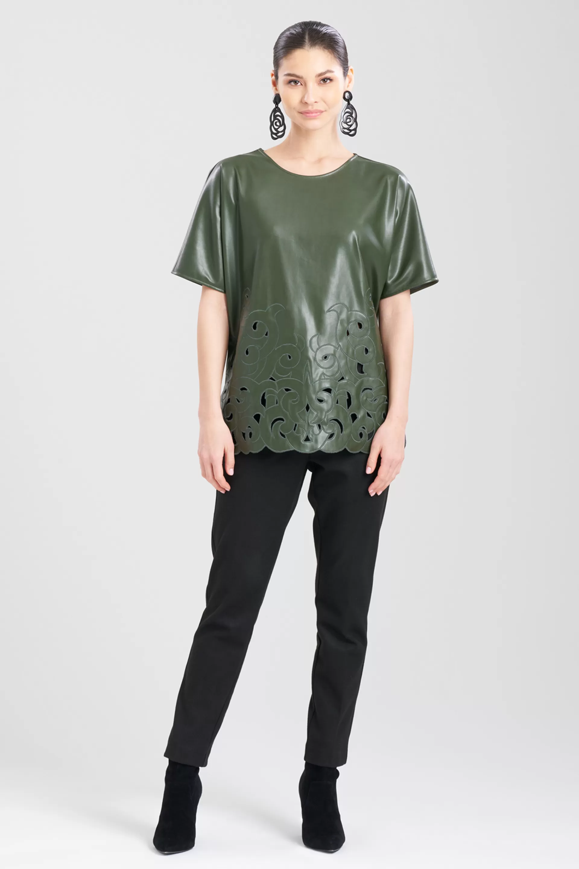 Natori Tops, Shirts & Tunics<Vegan Luxe Lambskin Embroidered T-Shirt Tunic Dark Olive