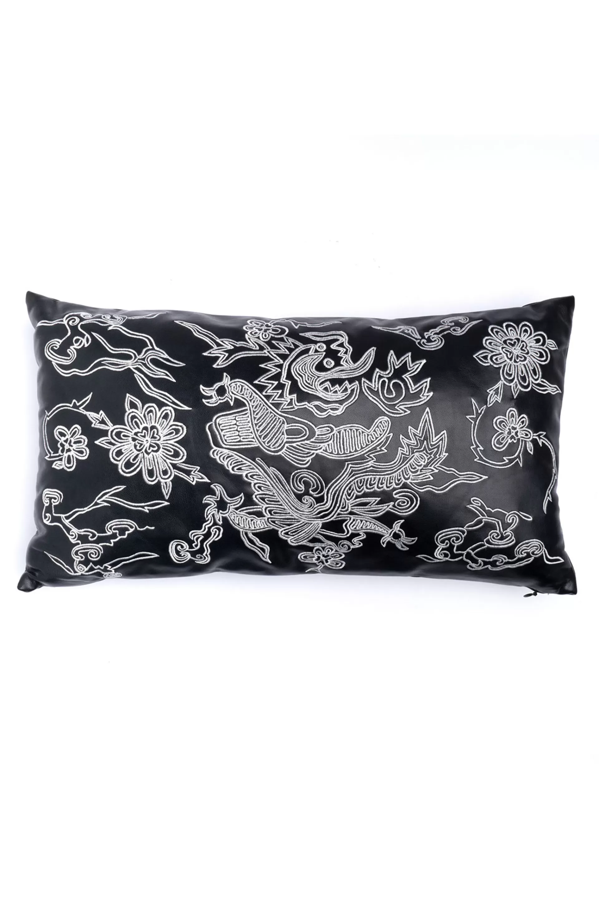 Natori Bedding | Throw Pillows<Vegan Luxe Leather Mandarin Embroidered Dragon Oblong Pillow Black