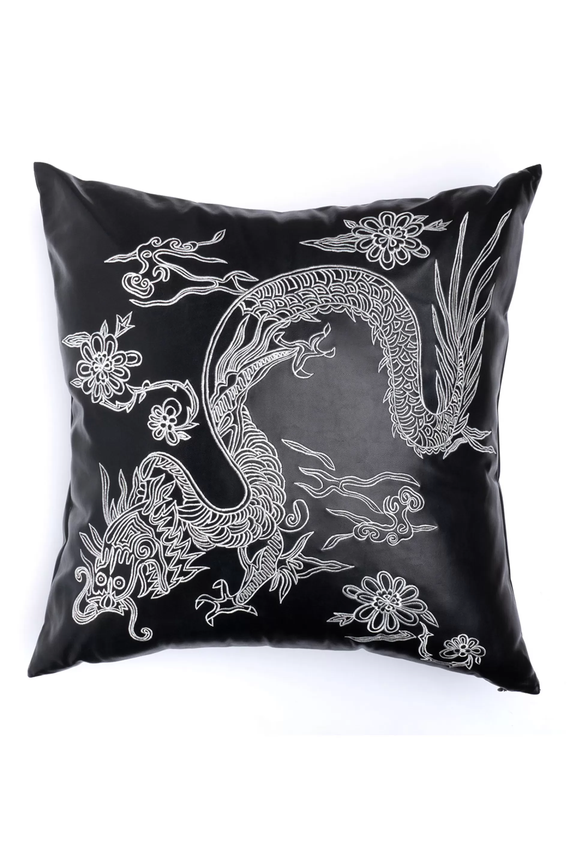 Natori Bedding | Throw Pillows<Vegan Luxe Leather Mandarin Embroidered Dragon Pillow Black