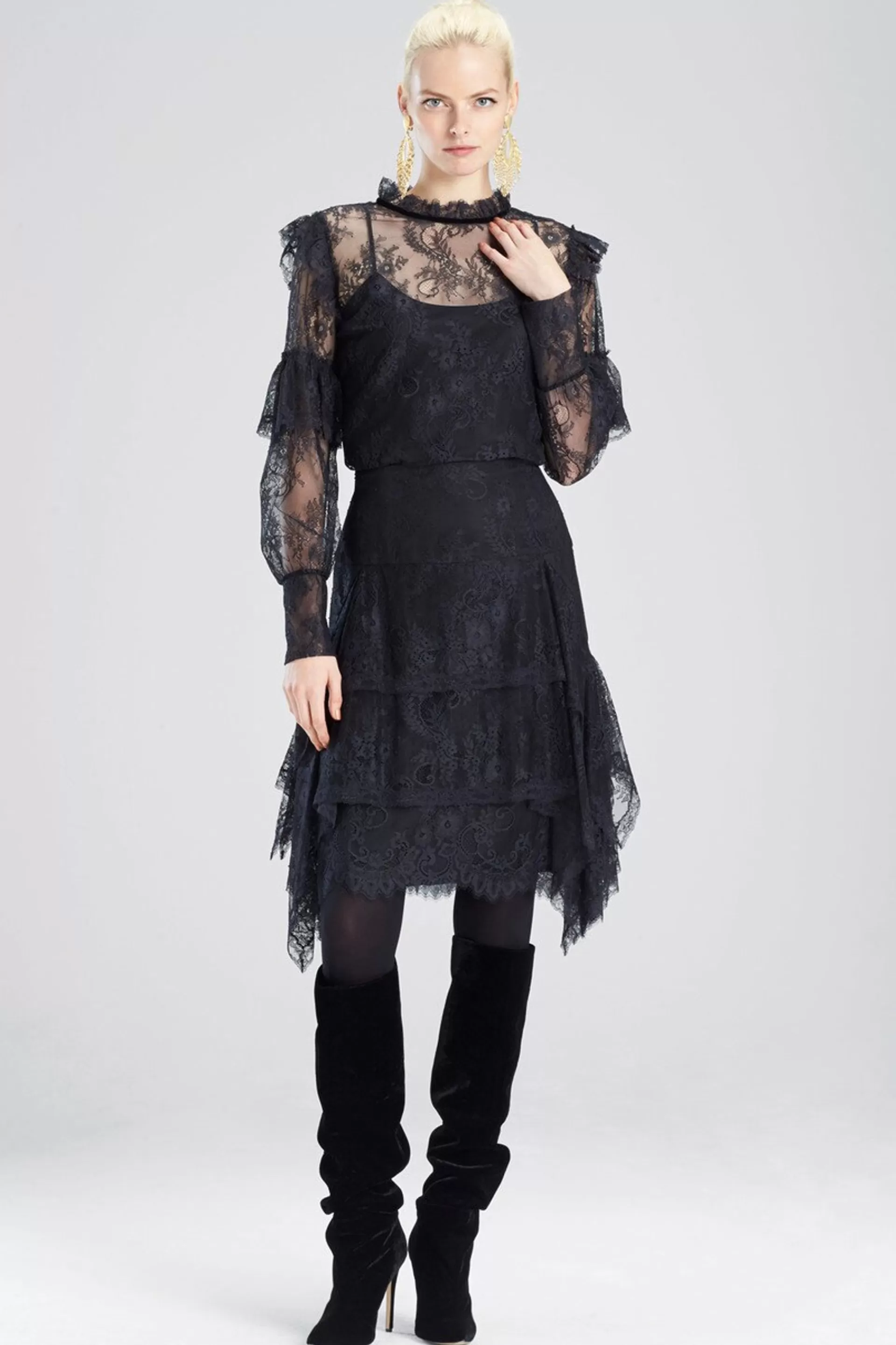 Natori Tops, Shirts & Tunics<Viscose Satin Long Sleeved Lace Top Black